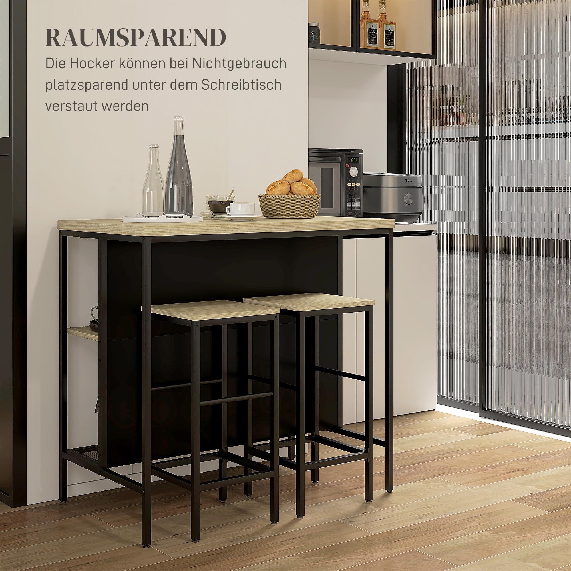 HOMCOM Bartisch mit Barhocker Set 3-TLG. mit 2 Hockern für Küche Eiche