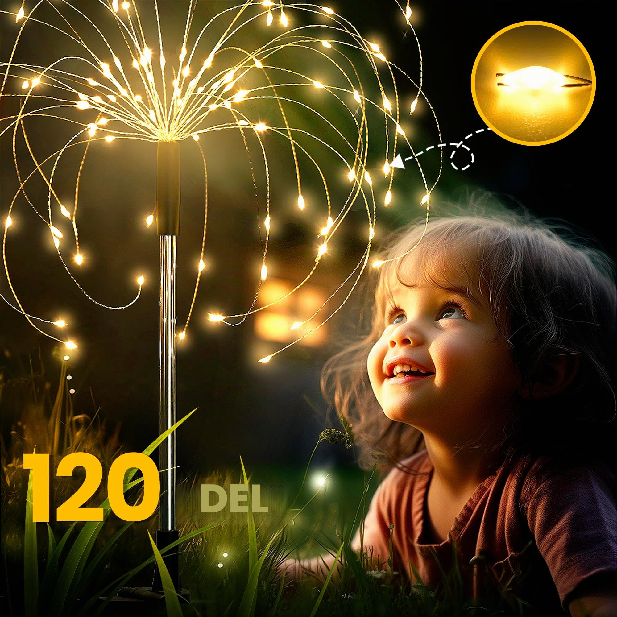 GIGALUMI Lot de 4 Solaires Extérieur Jardin,120 LED Feux d'artifice Solaires,Étanche Lampe Solaire de Pissenlit pour Cour, Pelouse, Fête, Patio, Décoration de Mariage (blanc chaud)