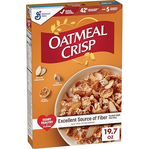 Oatmeal Crisp Heart Healthy Cereal, High Fiber Cereal Made with Whole Grain, 19.7 oz