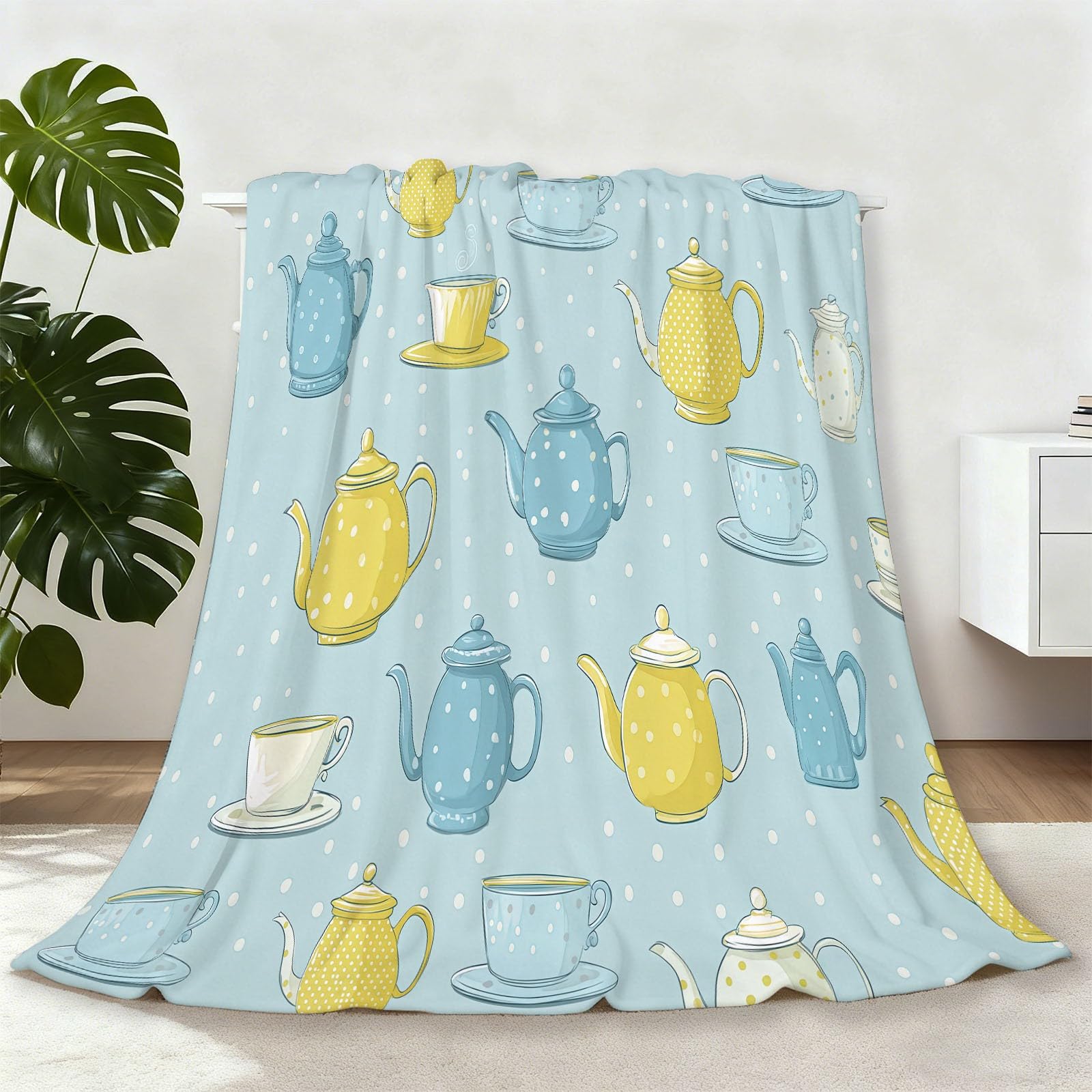 Couverture polaire moelleuse 200x220 bleu et jaune style champêtre