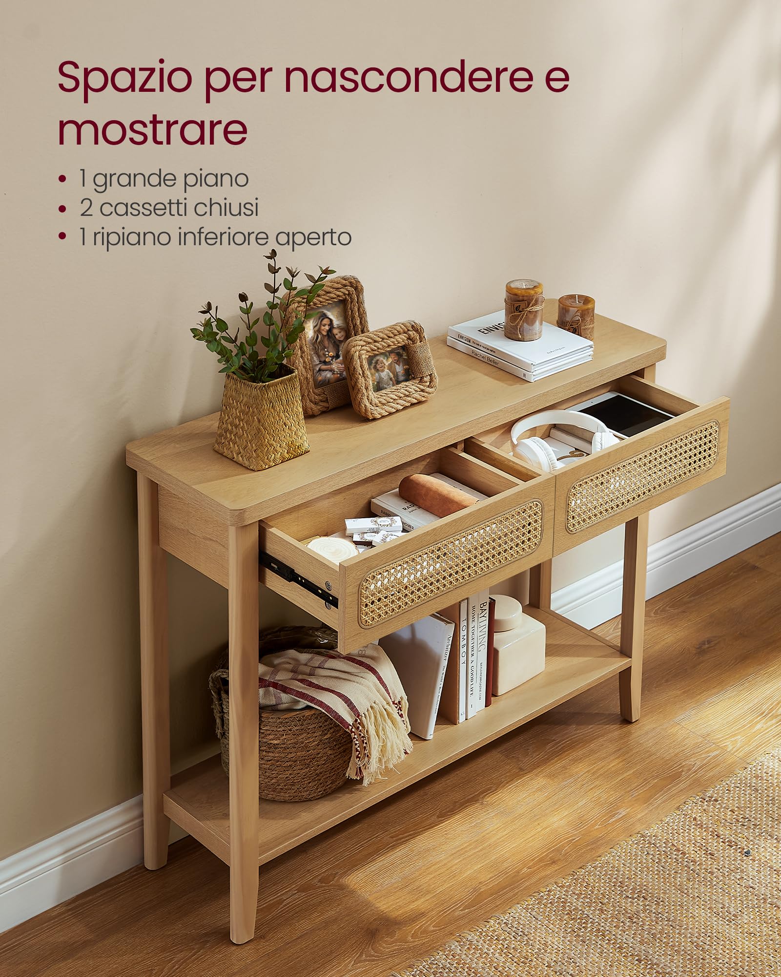 VASAGLE Consolle Ingresso, Tavolo Consolle per Corridoio, Tavolino da Divano Sottile per Soggiorno, Ingresso con 2 Cassetti, Ripiano Aperto, Angoli Arrotondati, Stile Boho, Beige Rovere LNT016Y57