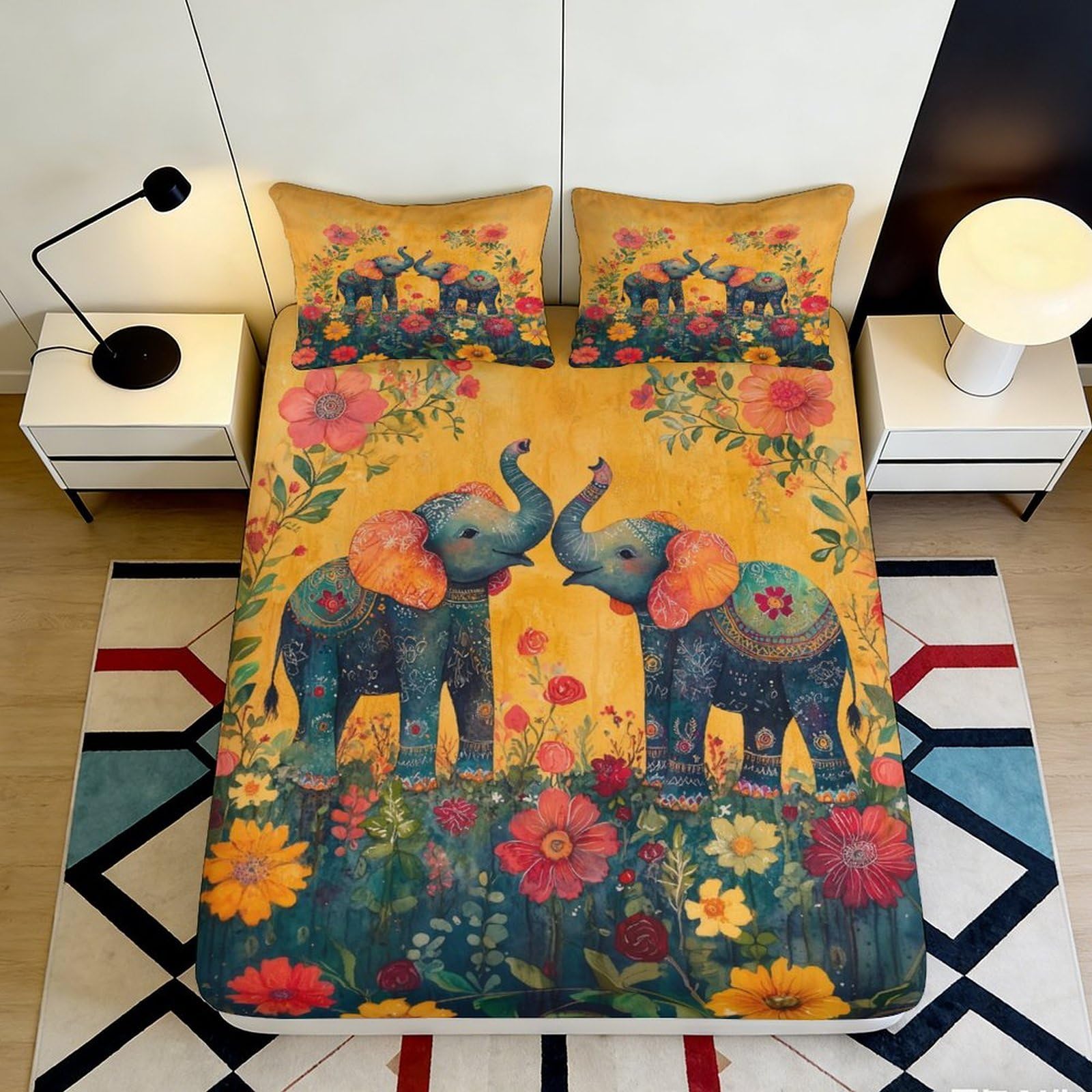 Pnayamiorkfel Style-7 3D Printed Boho Elephant Floral Fitted Sheet Microfiber Yellow Blue Mattress Cover For Bedroom Guest Room Decor 90X200x25cm