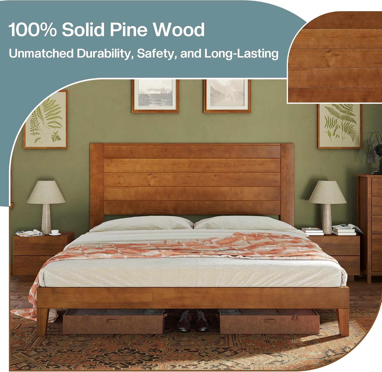 Jocisland Farmhouse Solid Wood Queen Size Bed Frame with 48'' High Headboard, Rustic Platform Bed with Under-Bed Storage, No Box Spring Needed, Heavy Duty Support for Bedroom, Light Brown