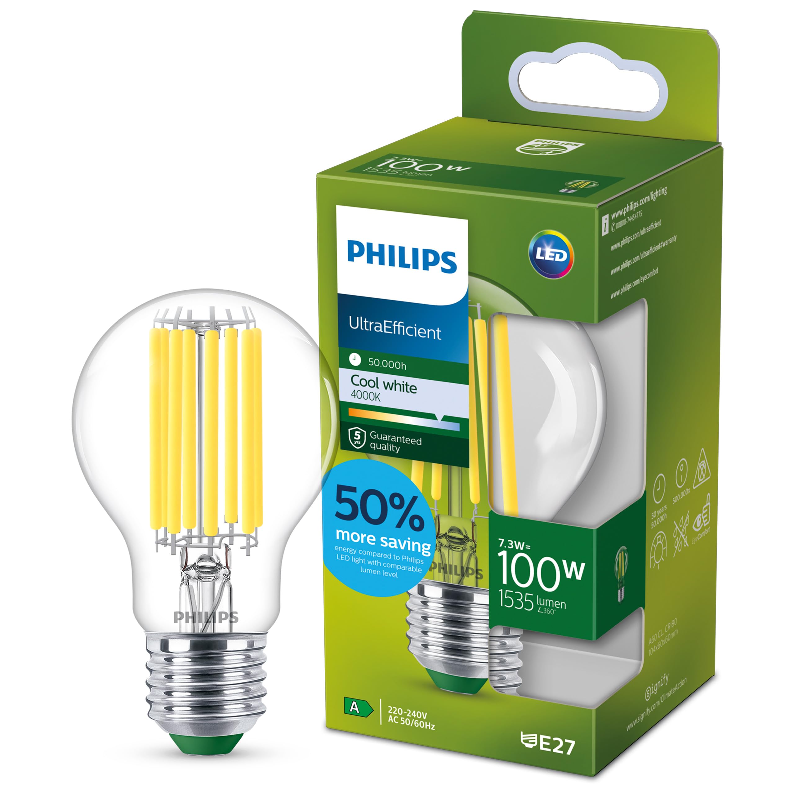 PHILIPS Ultra Efficient - Ultra Energy Saving Lights, LED Light Source, 100W, A60, E27, Cool White 4000 Kelvin, Clear