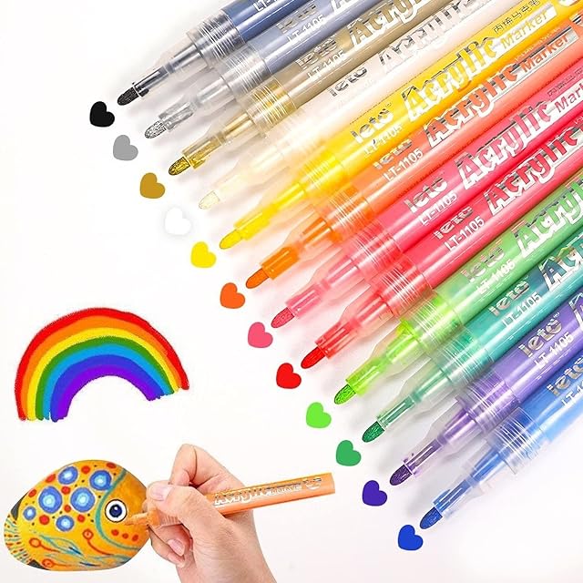 Acrylic Paint Pens Set of 12 Colours, Acrylic Paint Pens for Rock Painting, Glass Marker Pens, Porcelain Pens, Acrylic Pens Suitable for Porcelain, Wood, DIY Craft, Rock Painting, & Ceramic