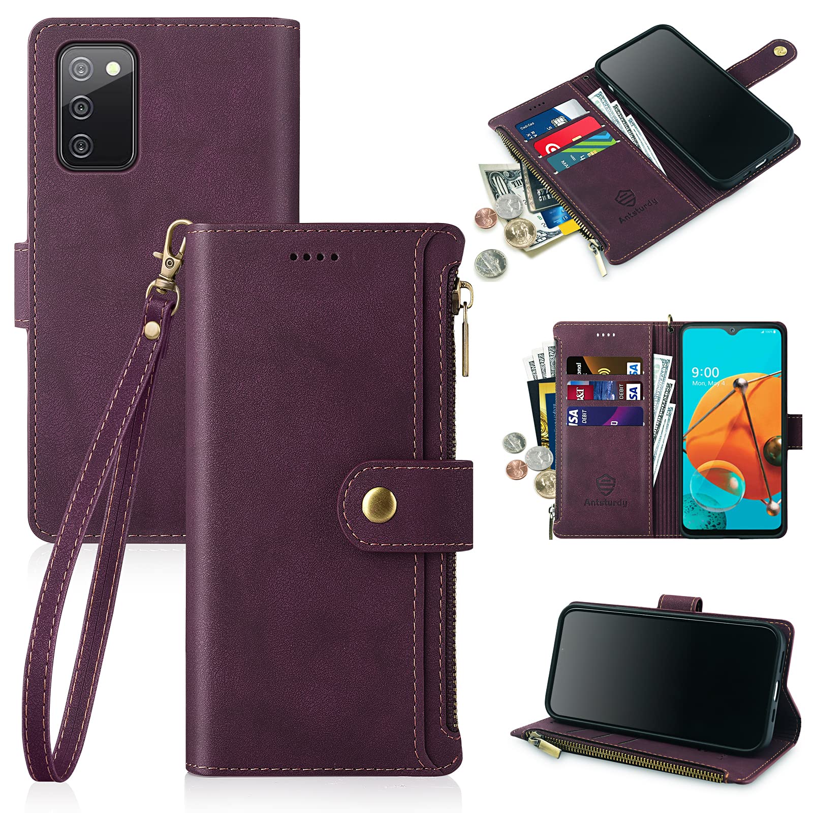 Antsturdy Samsung Galaxy A02S Wallet case with Card Holder for Women Men,Galaxy A02S Phone case RFID Blocking PU Leather Flip Shockproof Cover with Strap Zipper Credit Card Slots,Wine Red