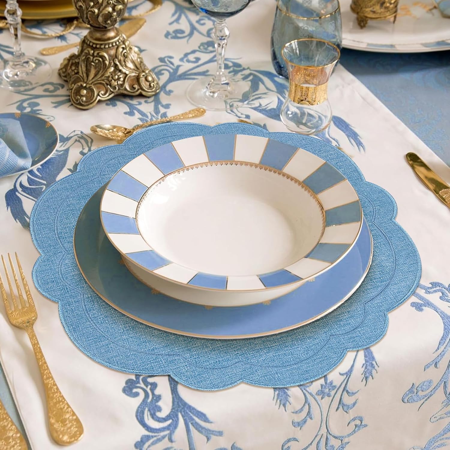 Set of 6 Blue Cotton Linen Placemats 15 Inch Embroidery Scalloped Placemats Pure Floral Table Mats Washable Fabric Table Mats for Wedding Baby Shower Tea Party Festival Spring Holiday Decor