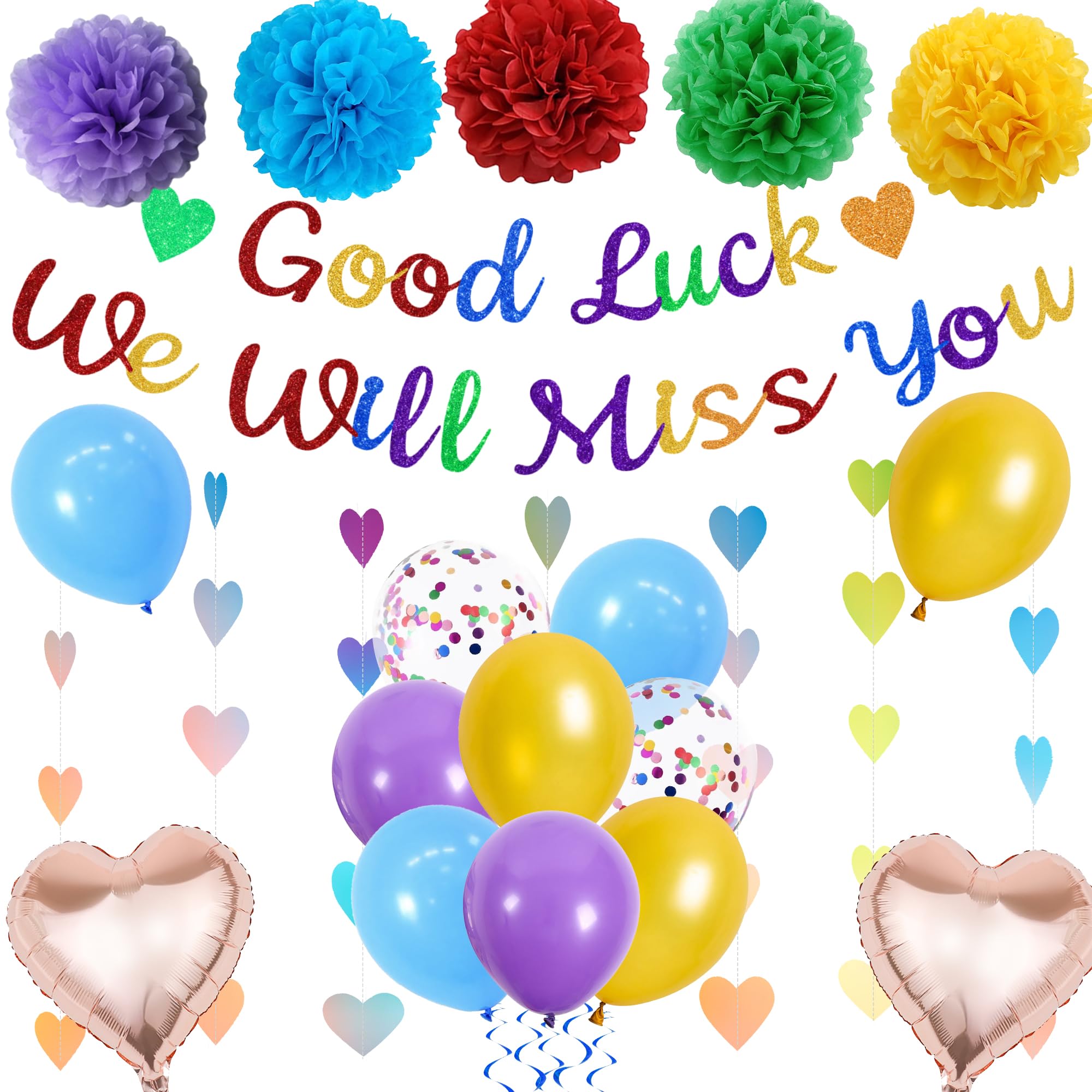 We Will Miss You Banner Decorations - Colorful Sorry Your Leaving Party Supplies Garland Good Luck Banners, Paper Pom Poms Balloons for Retirement Going Away Themed Party โ image 1