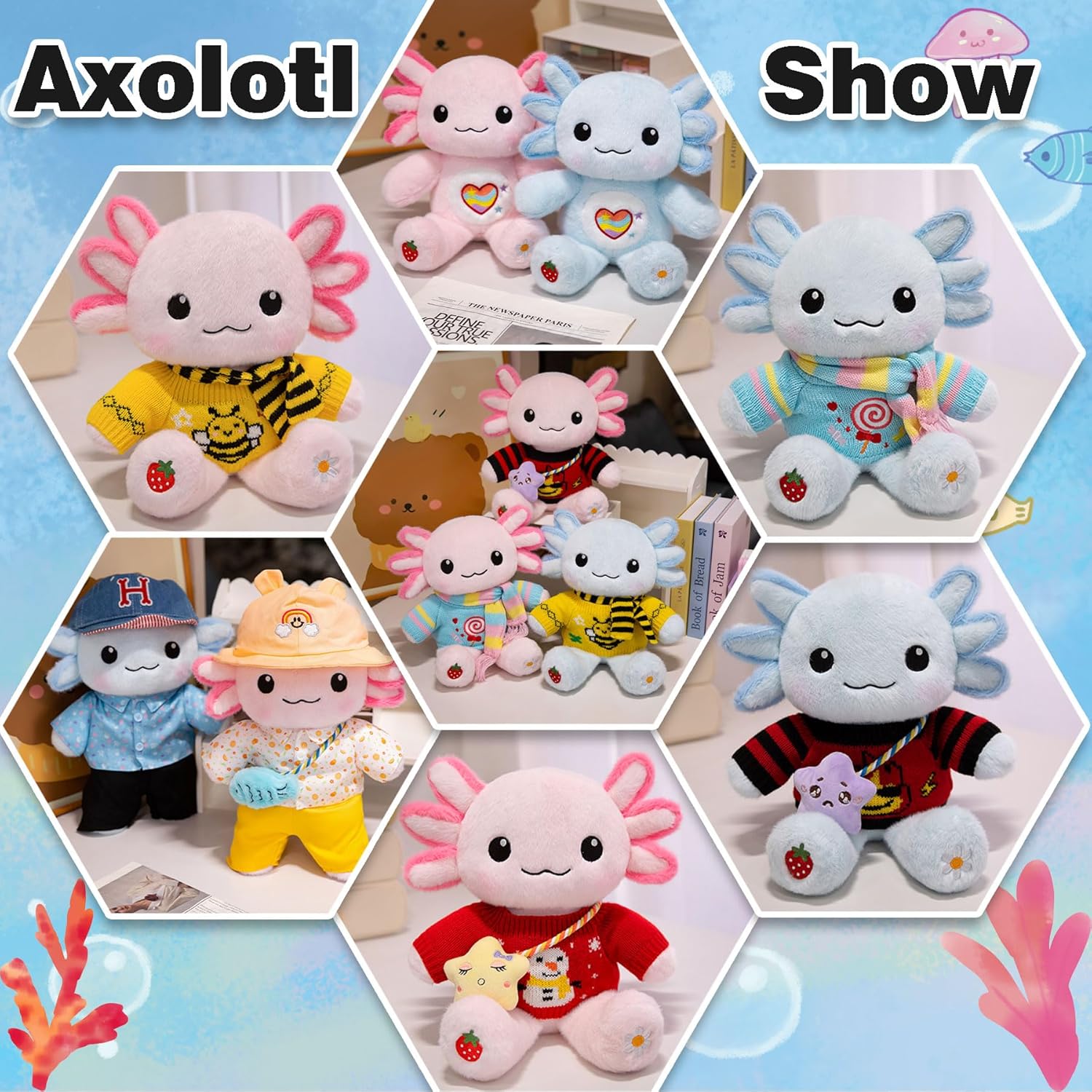 Axolotl Plush with 9 Pcs of Axolotl Stuffed Animal Clothes and Accessories,Gifts Ideas for Girls Ages 3 to 12(14-inch) (Pink)