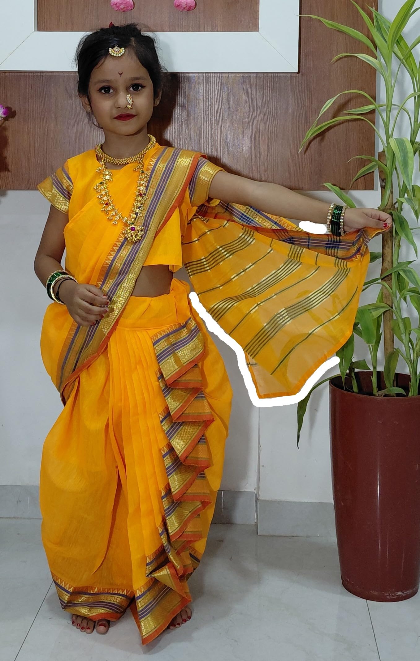 Mom and Me Girls' Ready-to-Wear Mastani Nauwari Saree with Stitched Blouse | Traditional Maharashtrian Ilkal Border | Soft Acrylic Cotton | Age 12 Months to 15 Years (Yellow, 11-12 Years) - Image 6 thumbnail