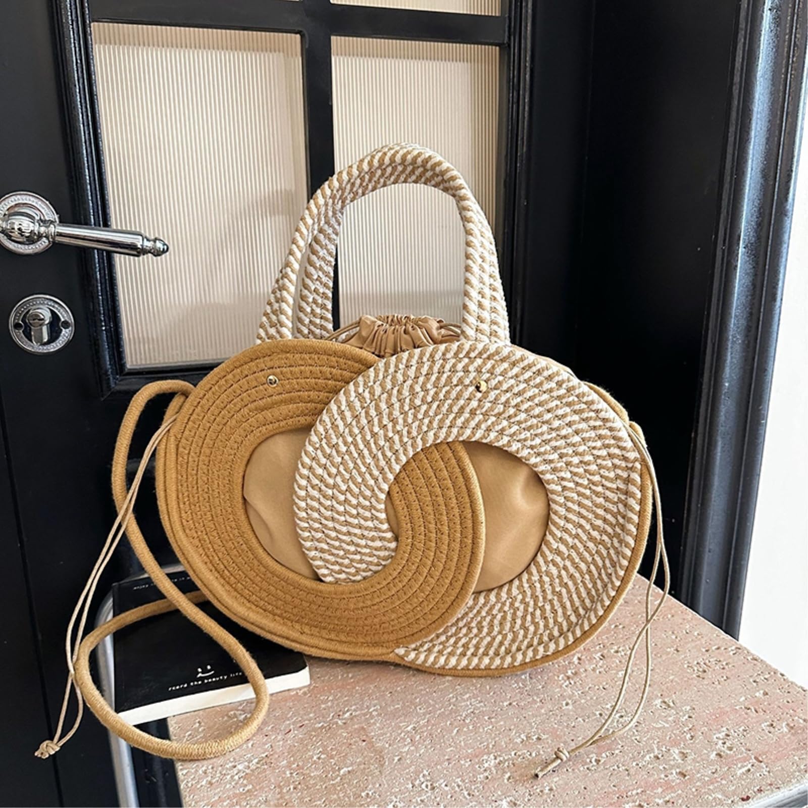 Borsa Spalla Paglia Rotondo Cavo Crossbody 2-Way Trasportare A Mano Tessuto Secchio Cordone Fodera Estate Mini Spalla-Khaki