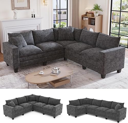 Sofá modular modular de 97 pulgadas con 5 asientos, sofá convertible en forma de L con almacenamiento para reposabrazos y dos almohadas para sala de