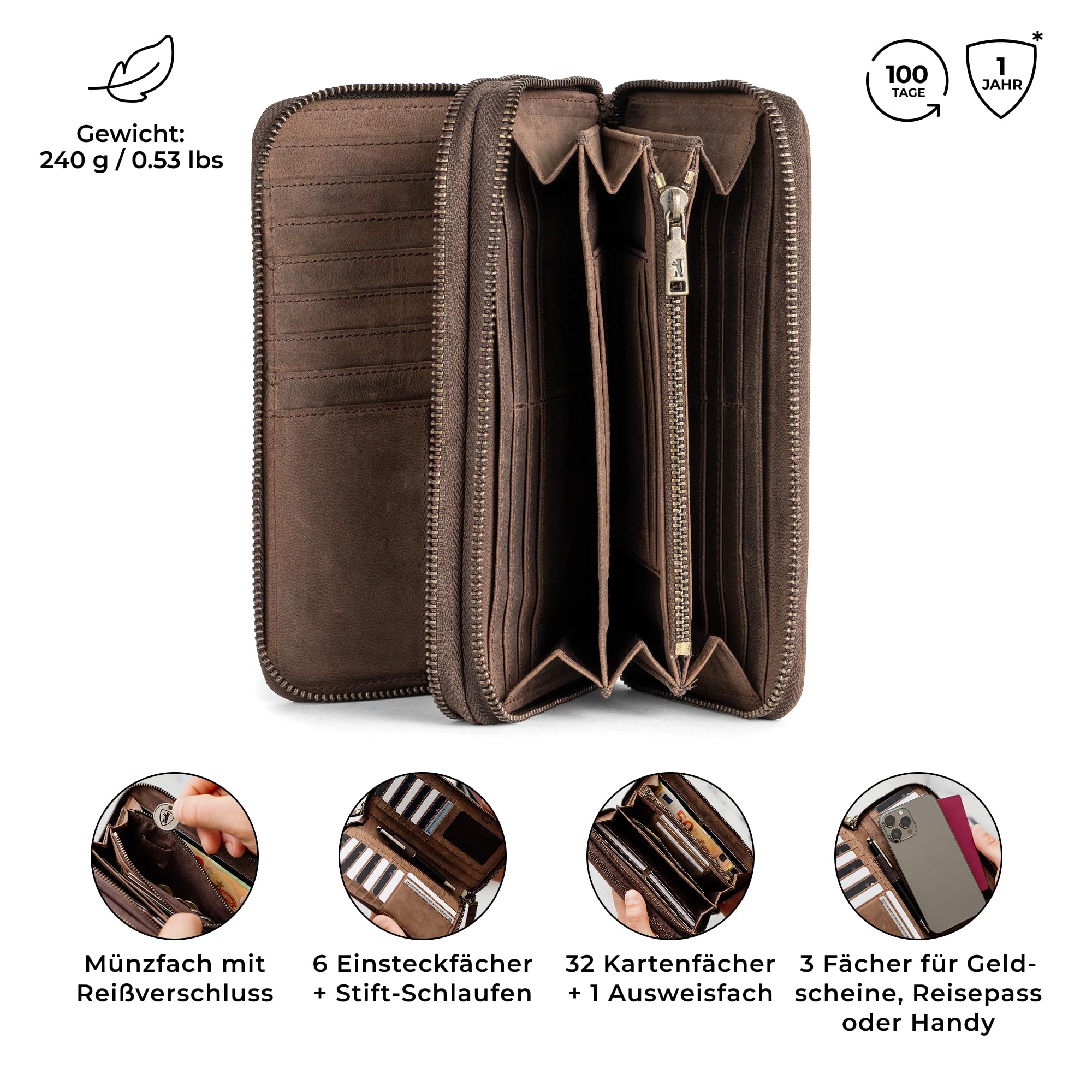 Berliner Bags Große Geldbörse Dallas Vintage, Brieftasche Leder - Braun | M Geldbörse Herren Groß, 26 Kartenfächer, Handschlaufe, Reißverschluss für Münzen, TÜV-geprüftes RFID-Schutz