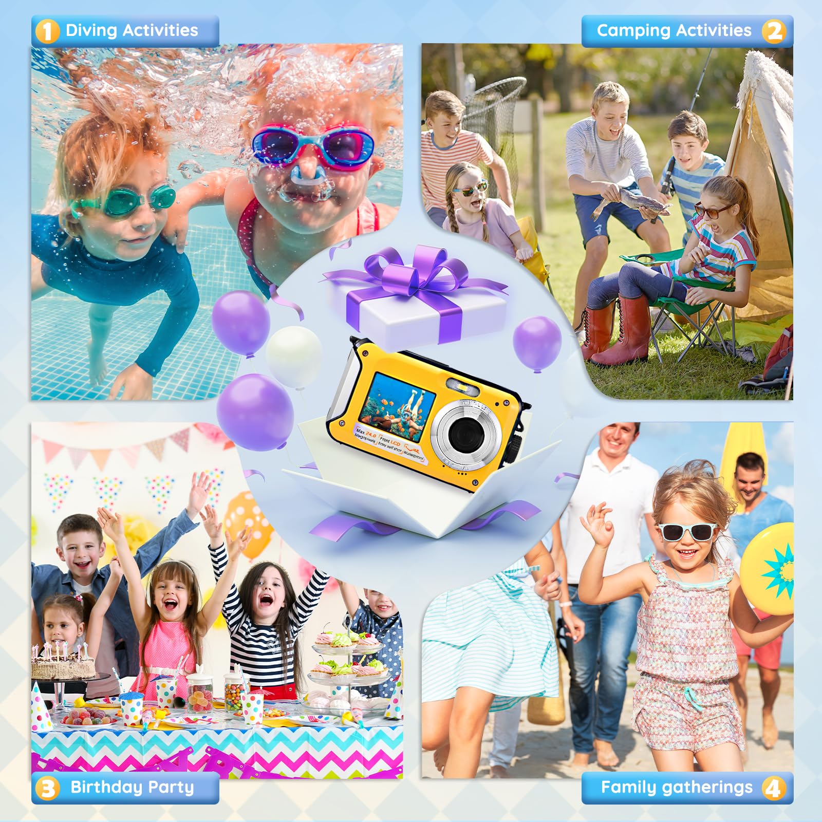 Fotocamera Digitale Impermeabile,Couleeur Macchina Fotografica Subacquea Full HD 2.7K 48MP Doppio Schermo Anti-Shake con Microfono LED Autoscatto e Zoom Digitale 16X per Bambini Adolescenti(Giallo)
