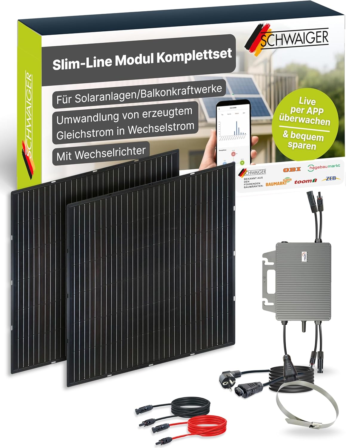 Slim-Line Modul 2er Set mit Wechselrichter Balkonkraftwerk Komplettset PV-Anlage Solaranlage