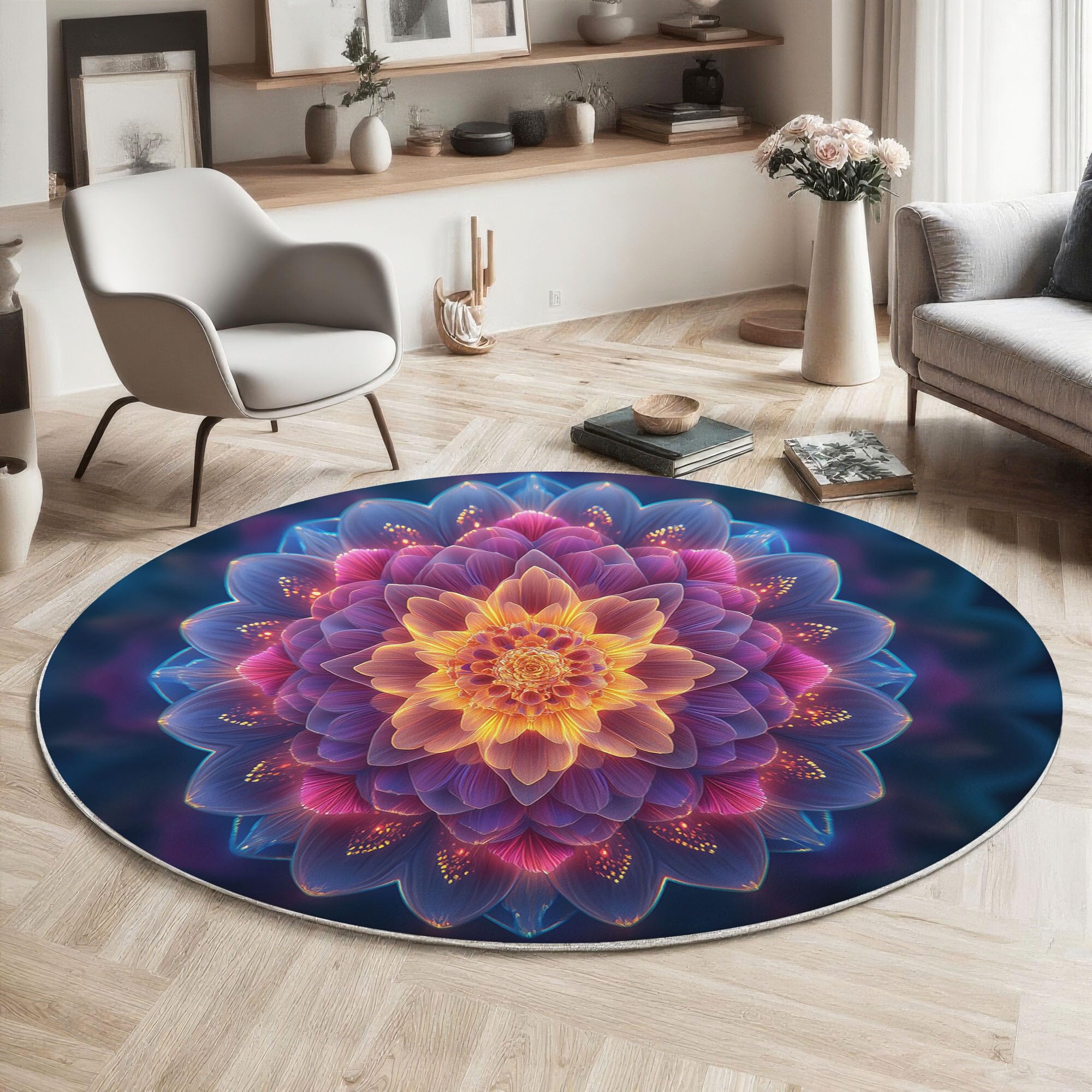 Tapis Rond à Poils Ras Mandala Lotus Antidérapant Lavable Tapis de Sol Thème De Méditation Moquette Décoration pour Salon Chambre Canapé Descente de lit, 200cm, Gris Bleu