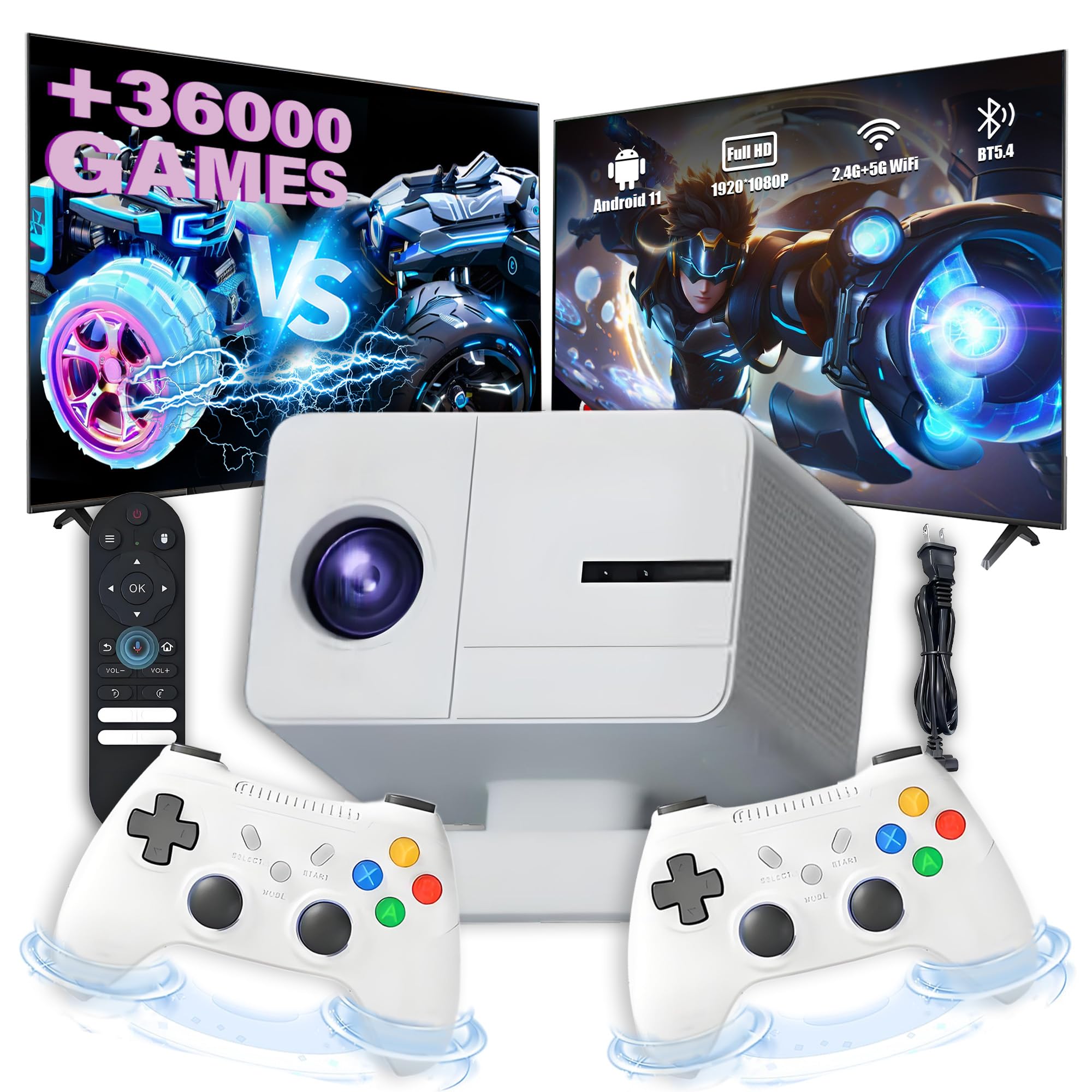 P50 MAX Game Projector and Game Mini Projector 36000+ Games 1920*1080P 800 ANSI Smart Projectors,2.4G/5G WiFi & BT5.4,Auto Focus/Electric Focus Outdoor Movie Proyector with Wireless Handles (White)