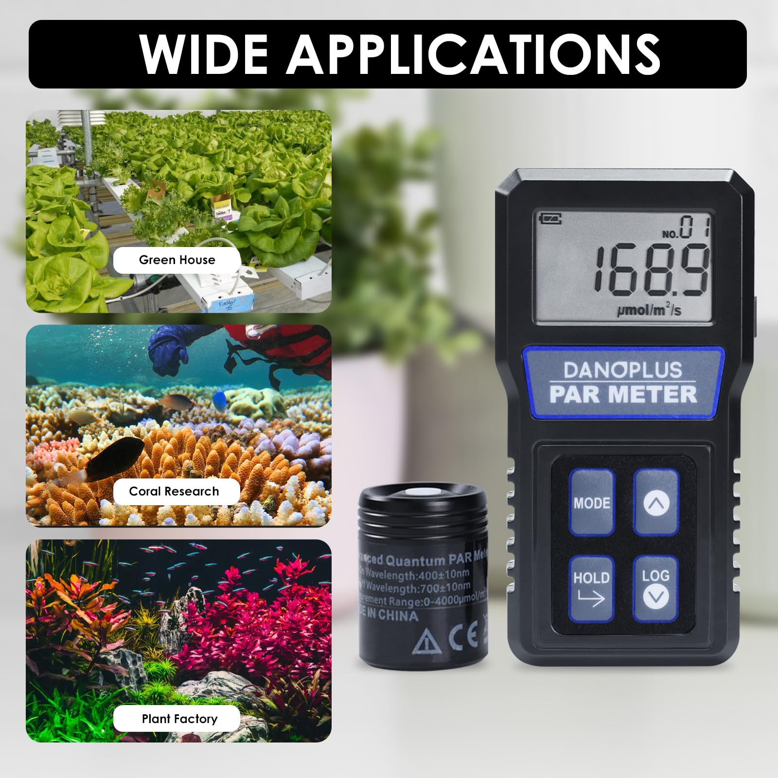 PAR Meter per acquario impermeabile IP68, intervallo spettrale 400-700nm PPFD Meter Data Logger, palo telescopico da 94 cm, cavo sensore da 79 '' incluso