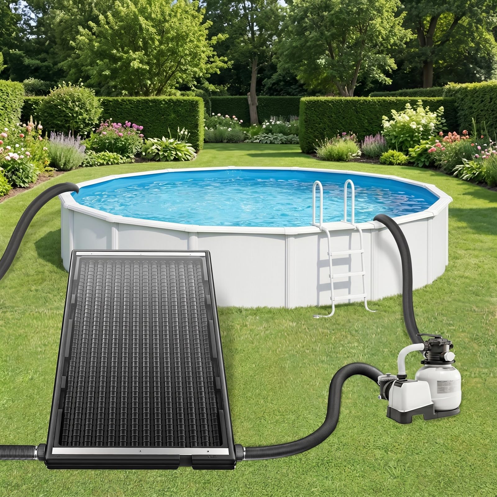 1 chauffage solaire de piscine, modèle droit, réglable en hauteur, panneau solaire de 15 l avec accessoires, plaque chauffante solaire résistante aux UV pour piscines hors sol et souterraines