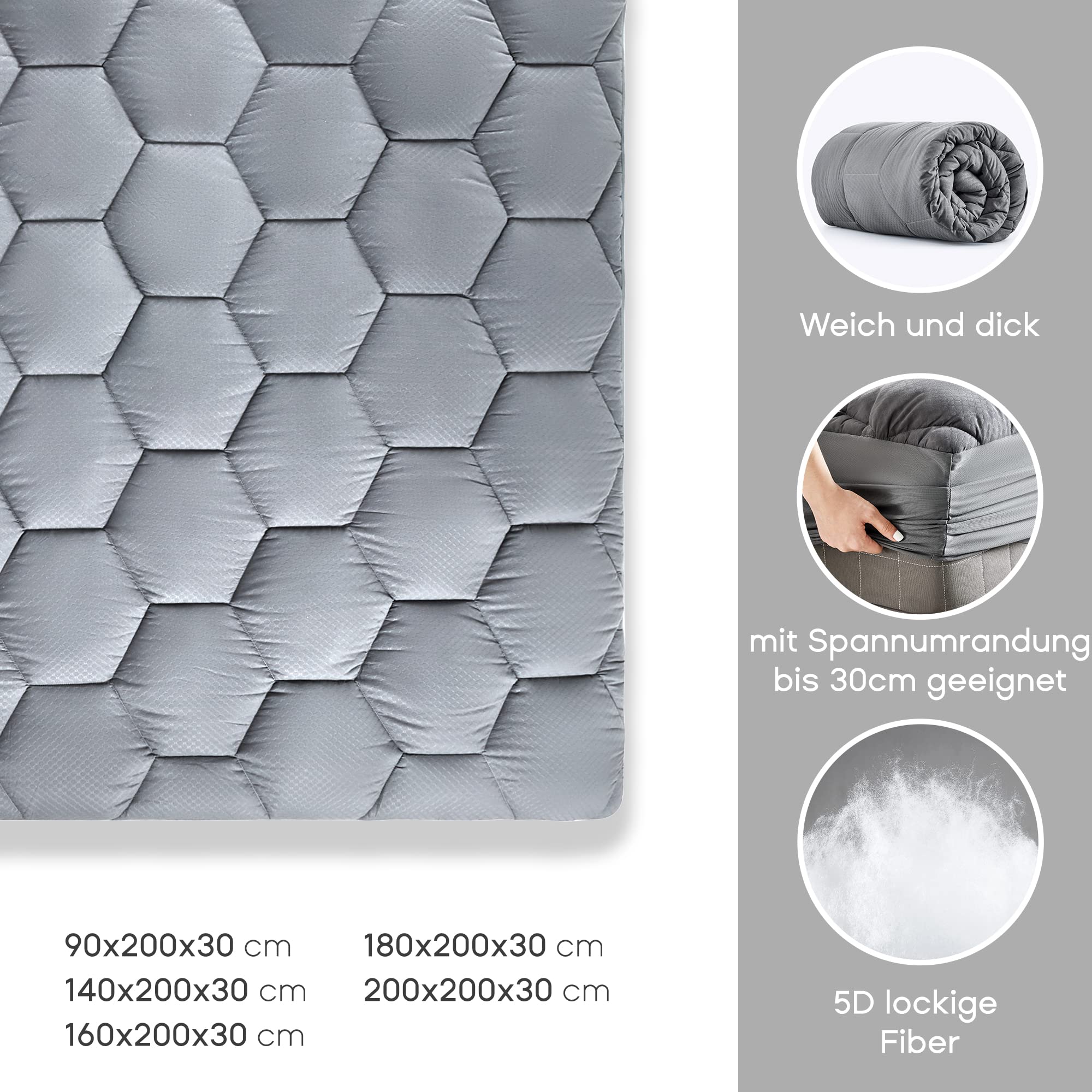 Sonive Matratzenschoner 180x200 Wasserdicht, Atmungsaktive Matratzenauflage | Matratzenschutz mit 30cm Tiefen Taschen Mattress Topper 180x200+30 cm, Grau