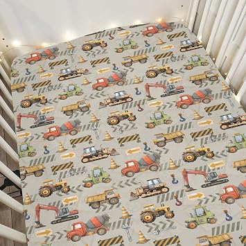 Construction Truck Vehicle Baby Crib Sheets for Boy Girl 52x28In Excavator Tractor Digger Dump Truck Soft Snug Fitted Crib Mattress Cover Boy Transport Baby Sheet for Standard Crib & Toddler Mattress