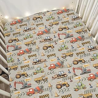 Construction Truck Vehicle Baby Crib Sheets for Boy Girl 52x28In Excavator Tractor Digger Dump Truck Soft Snug Fitted Crib Mattress Cover Boy Transport Baby Sheet for Standard Crib & Toddler Mattress