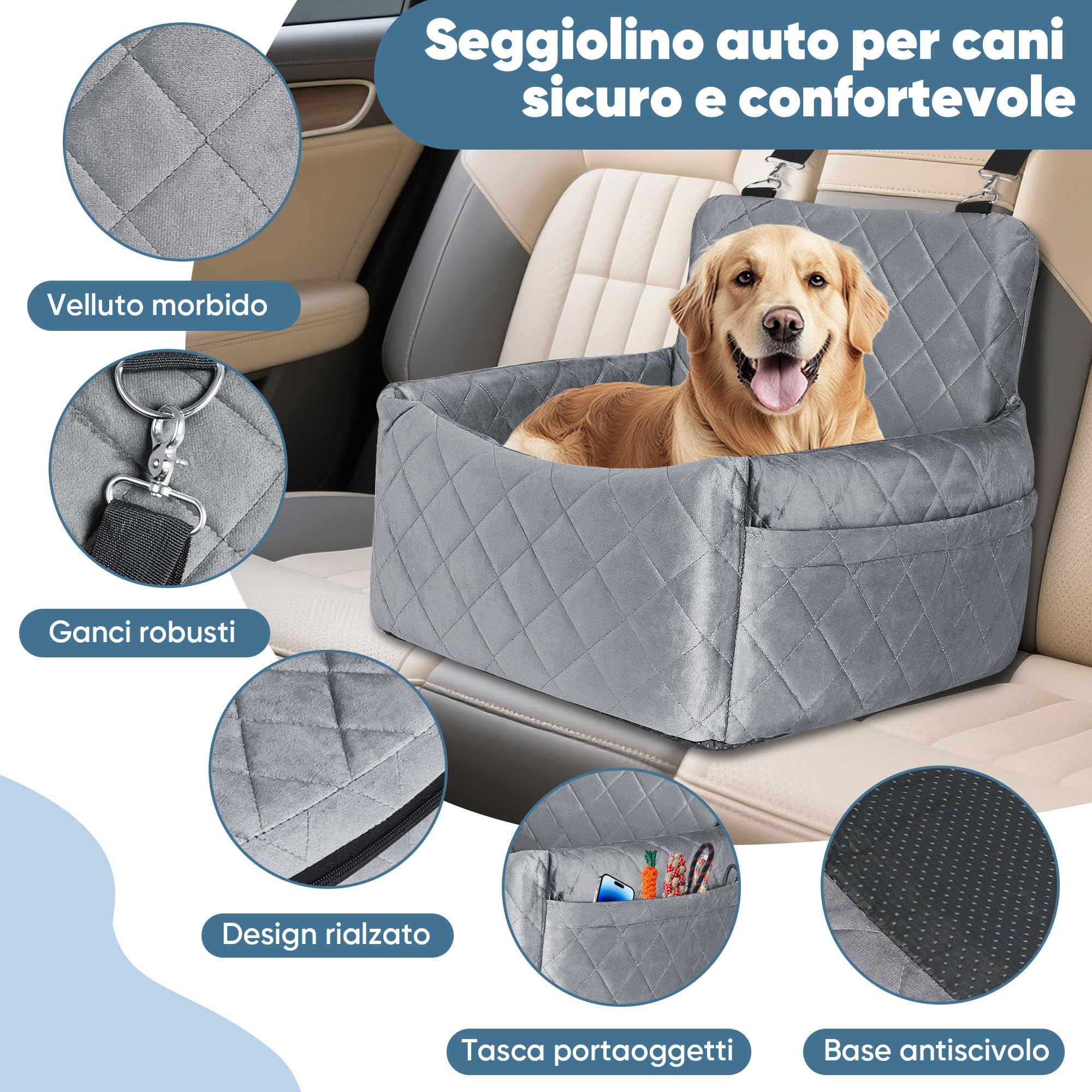 Trasportino per Cani Auto per Piccola Taglia, Lavabile e Confortevole Seggiolino Auto per Cani con Borsa di Archiviazione e Cintura di Sicurezza, per Sedili Anteriori e Posteriori - 45x40x34 cm