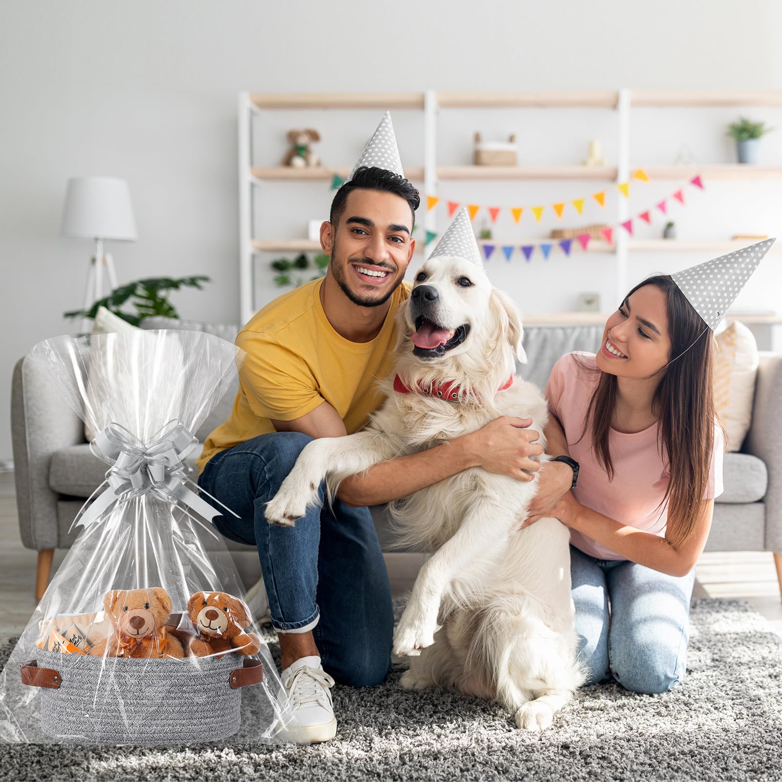Colingmill Paquete de 2 cestas de regalo para el día de San Valentín con asas con bolsas de regalo, cintas, cestas tejidas, caja de regalo vacía para regalos, cestas de regalo, boda, Pascua (gris