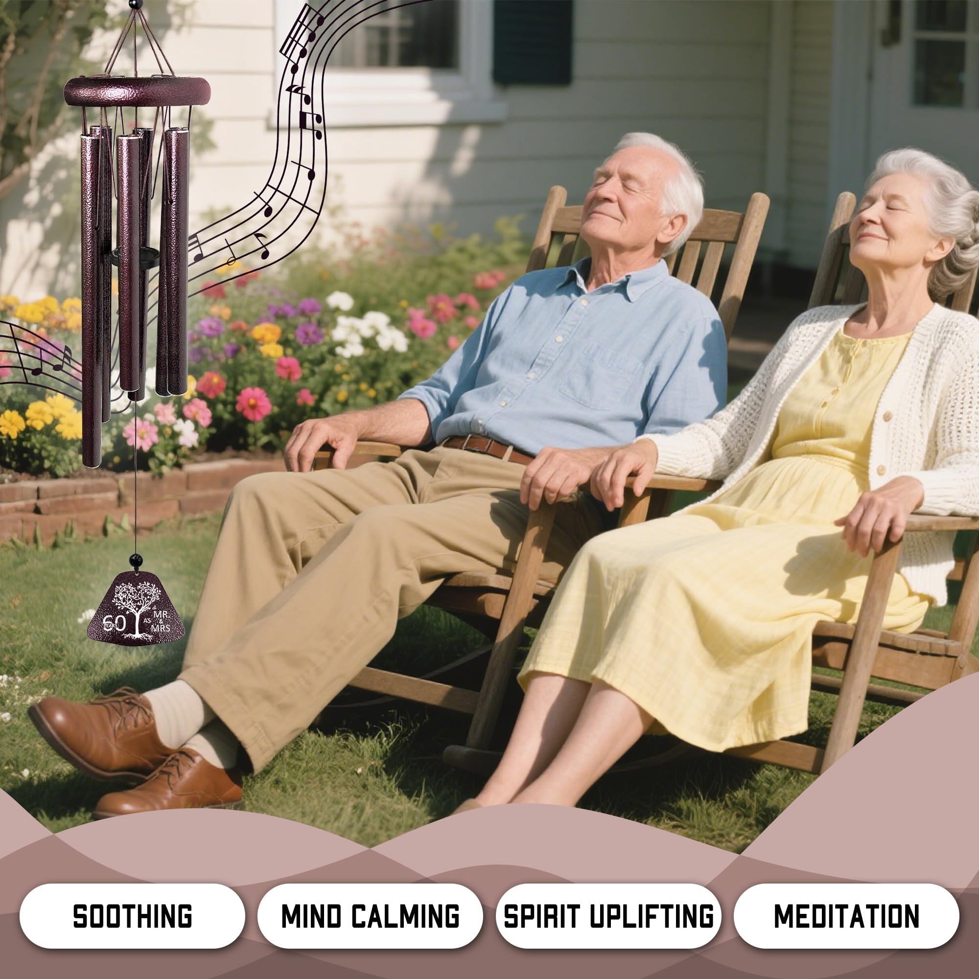 60th Wedding Anniversary Wind Chimes Gifts, Happy 60th Anniversary Decorations Gift for Parents Couple Husband Wife, Romantic 60 Year Anniversary's Keepsake Ideas Wind Chimes for Outside 32"