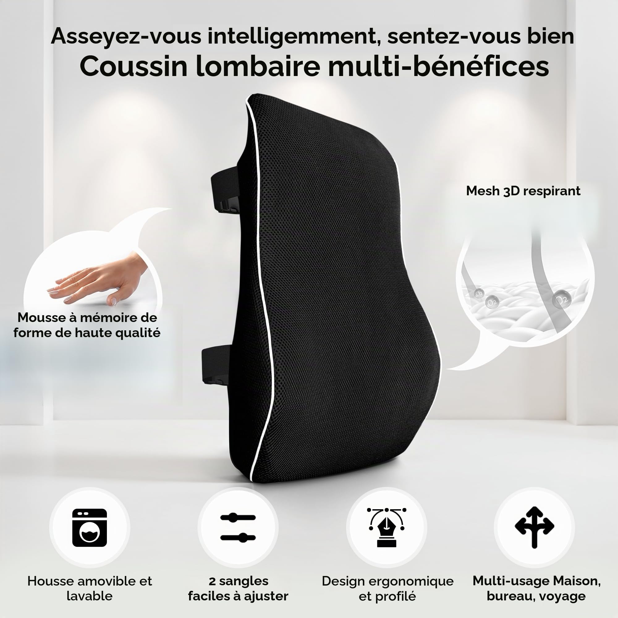 Comfortpad Coussin de soutien lombaire | Mousse à mémoire de forme pour soulager les douleurs dorsales | Soutien complet du dos | Pour chaise de bureau, voiture et maison | Housse en maille respirante