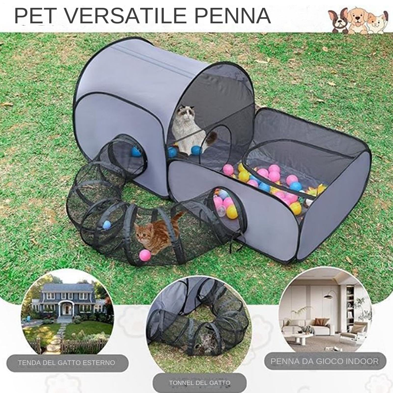 Box pieghevole con tunnel per gatti, tenda per gatti da interno/esterno, portatile recinto gattis con pareti morbide traspiranti, casetta interattiva per gattini, cuccioli, piccoli animali