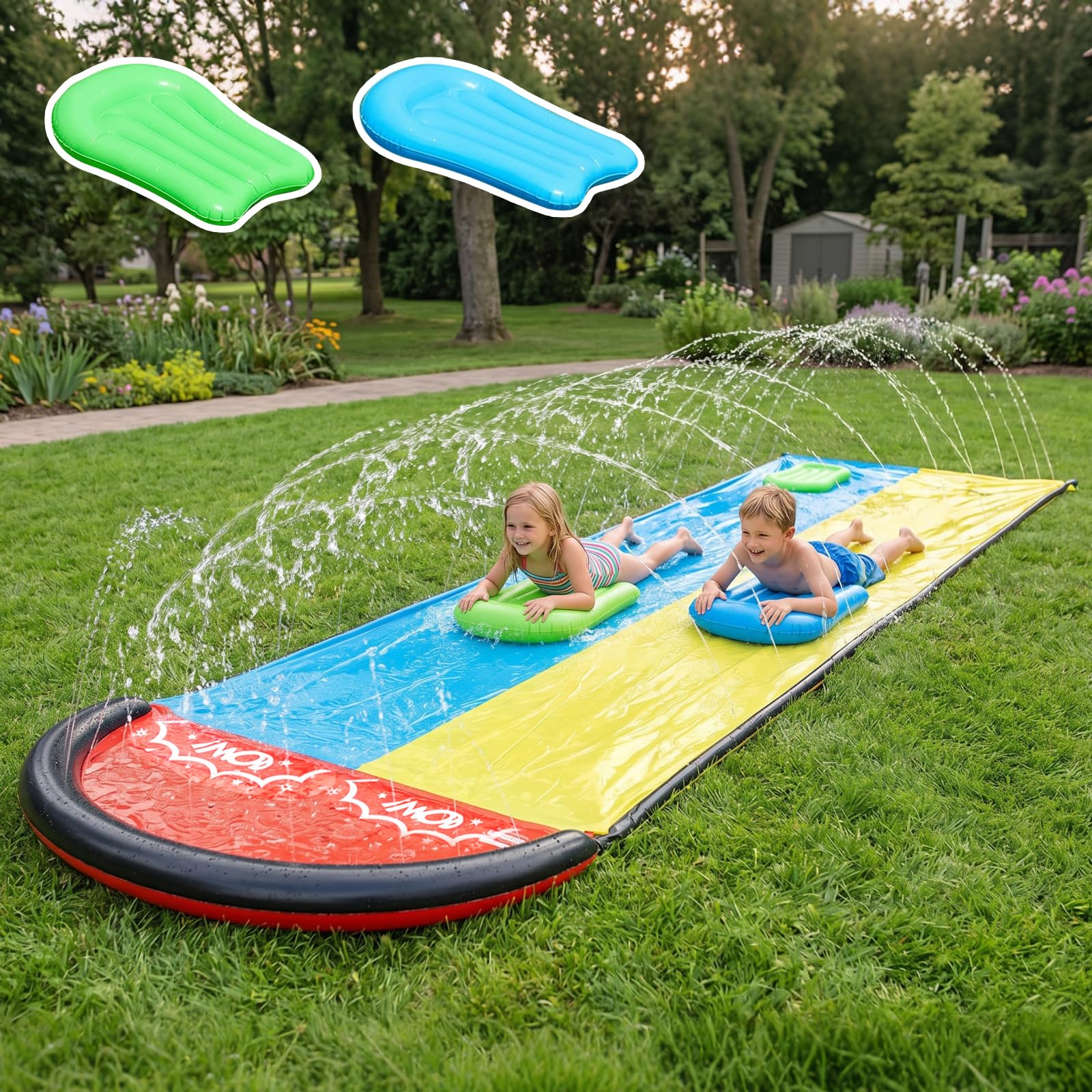 Scivolo d'acqua gonfiabile da 4,8 m, con tavola da surf, scivolo d'acqua da giardino per bambini, per esterni, scivolo d'acqua gonfiabile, l'irrigatore integrato copre l'intero scivolo (2P)