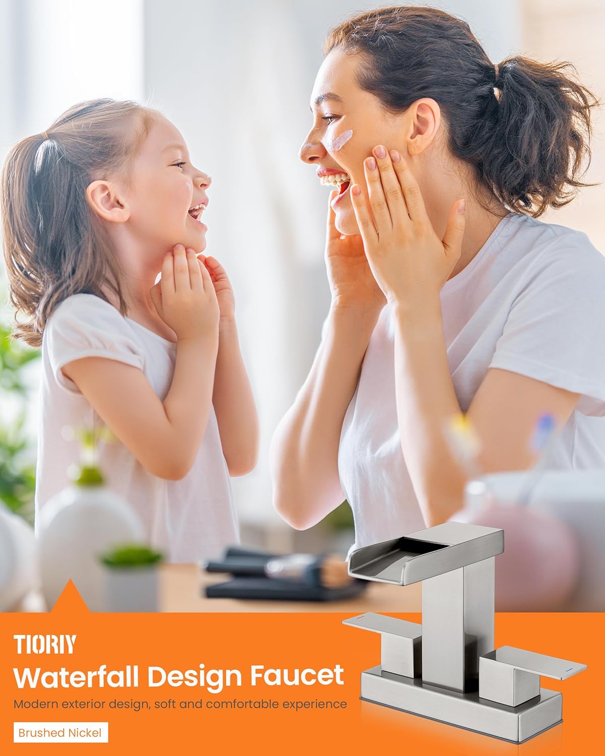 Waterfall Bathroom Faucet for Sink 3 Hole, 4 inch, Brushed Nickel Waterfall Sink Faucets with Pop-up Drain and 2 Supply Hoses, Stainless Steel 2-Handle Centerset Faucet for Sink Vanity, T-6008BN