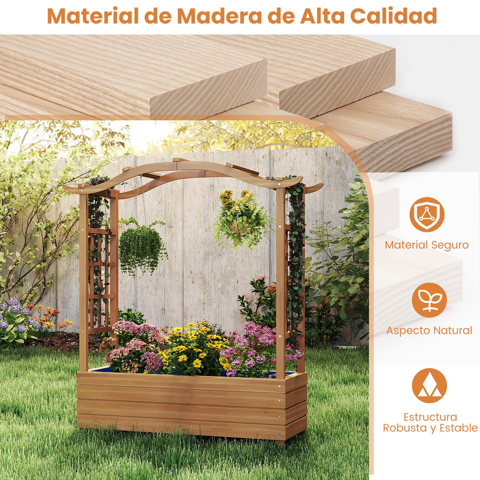 COSTWAY Jardinera Elevada con Enrejado, Jardinera de Madera Maciza con Techo Colgante, 2 Enrejados Laterales, Contenedor Elevado para Plantas de Jardín, para Plantas Trepadoras, 110 x 40 x 124 cm