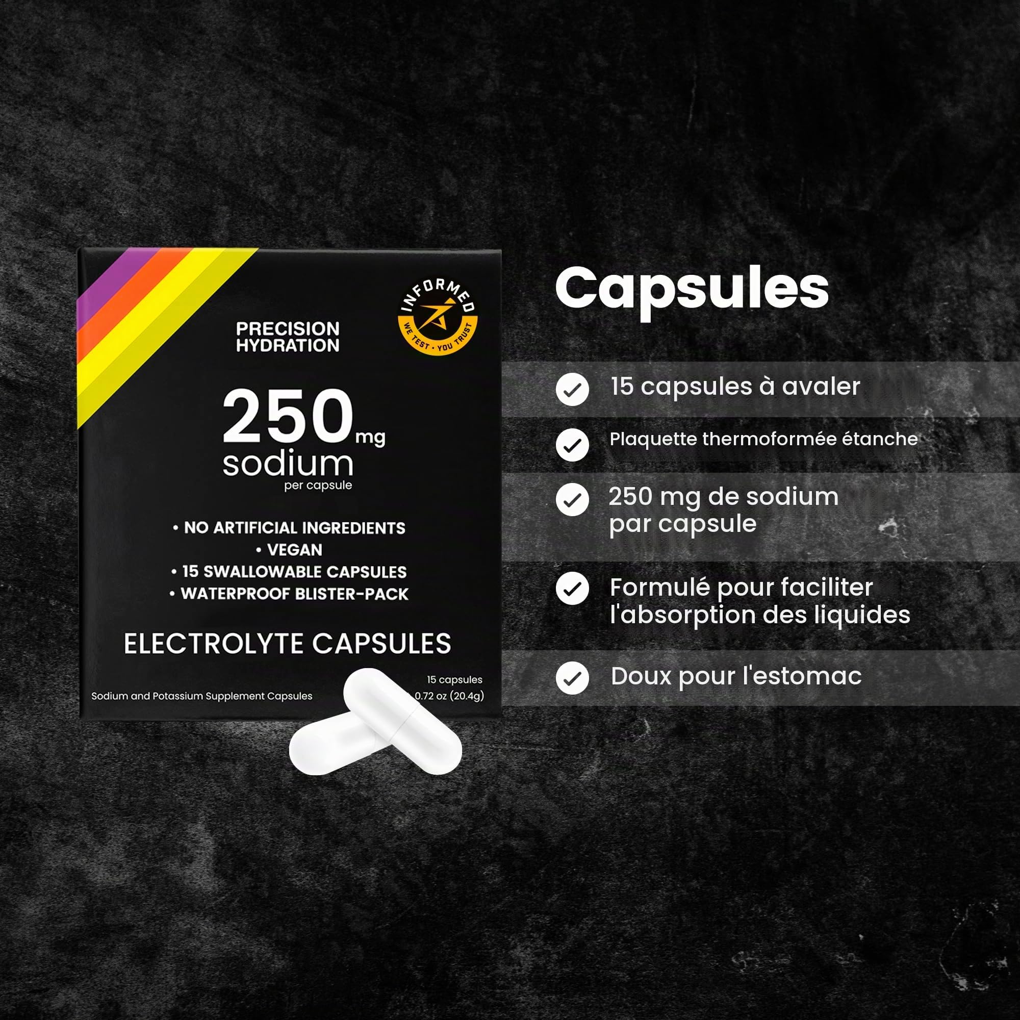 Precision Hydration Capsules Électrolytiques - 15 Capsules en Blister Étanches, Capsules de Sel pour Combat les Crampes, Sans Ingrédients Artificiels, Formule Douce pour la Digestion (Pack of 5)