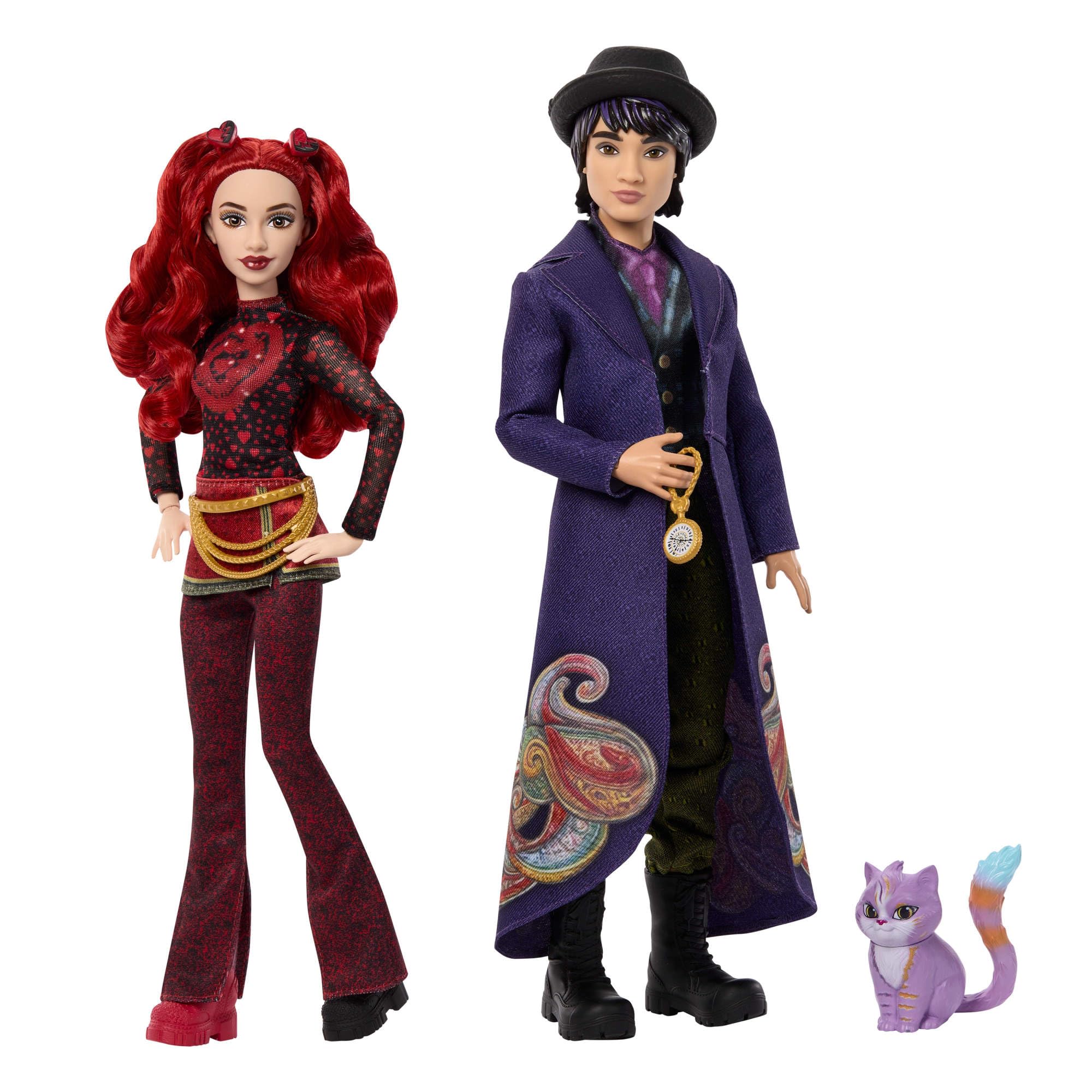 Mattel Disney Descendants: Wicked Wonderland Red und Max Modepuppen | Set mit 2 Modepuppen Red und Max mit ausziehbaren Outfits, Katze als Freund und Taschenuhr Zubehör, JMP50