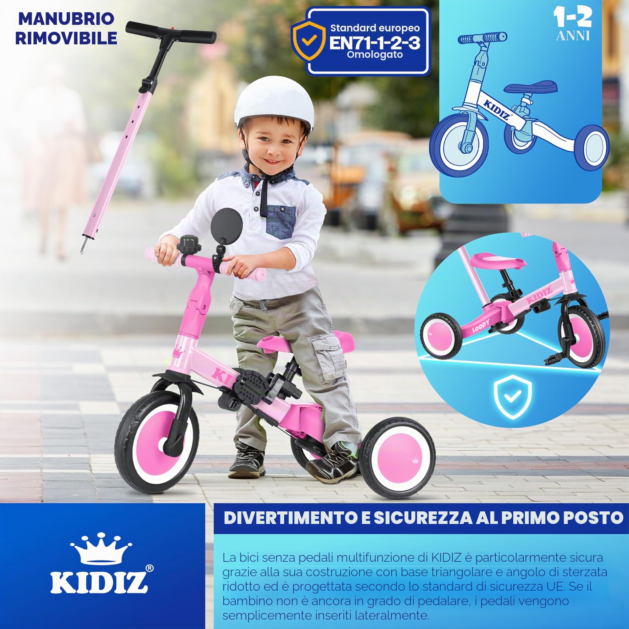 KIDIZ® 6in1 Balance Bike - Triciclo, Triciclo per Bambini, da 1 a 5 anni, capacità di carico fino a 25 kg, incl. Manubrio/Barra di sicurezza/Cintura di sicurezza/Campana e Specchio, Rosa
