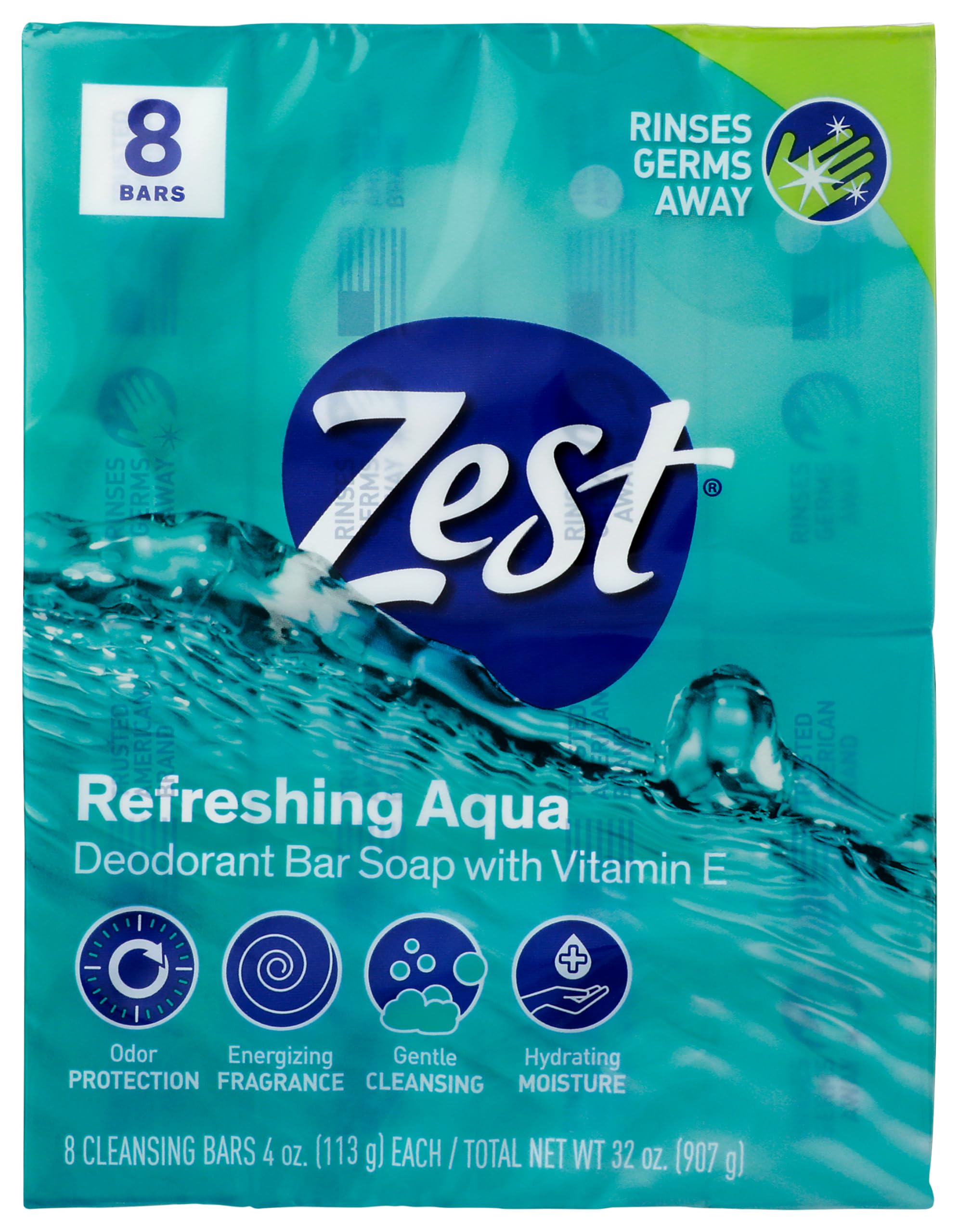 Zest 8-Bar Bath Size Soap, Aqua, 120ml