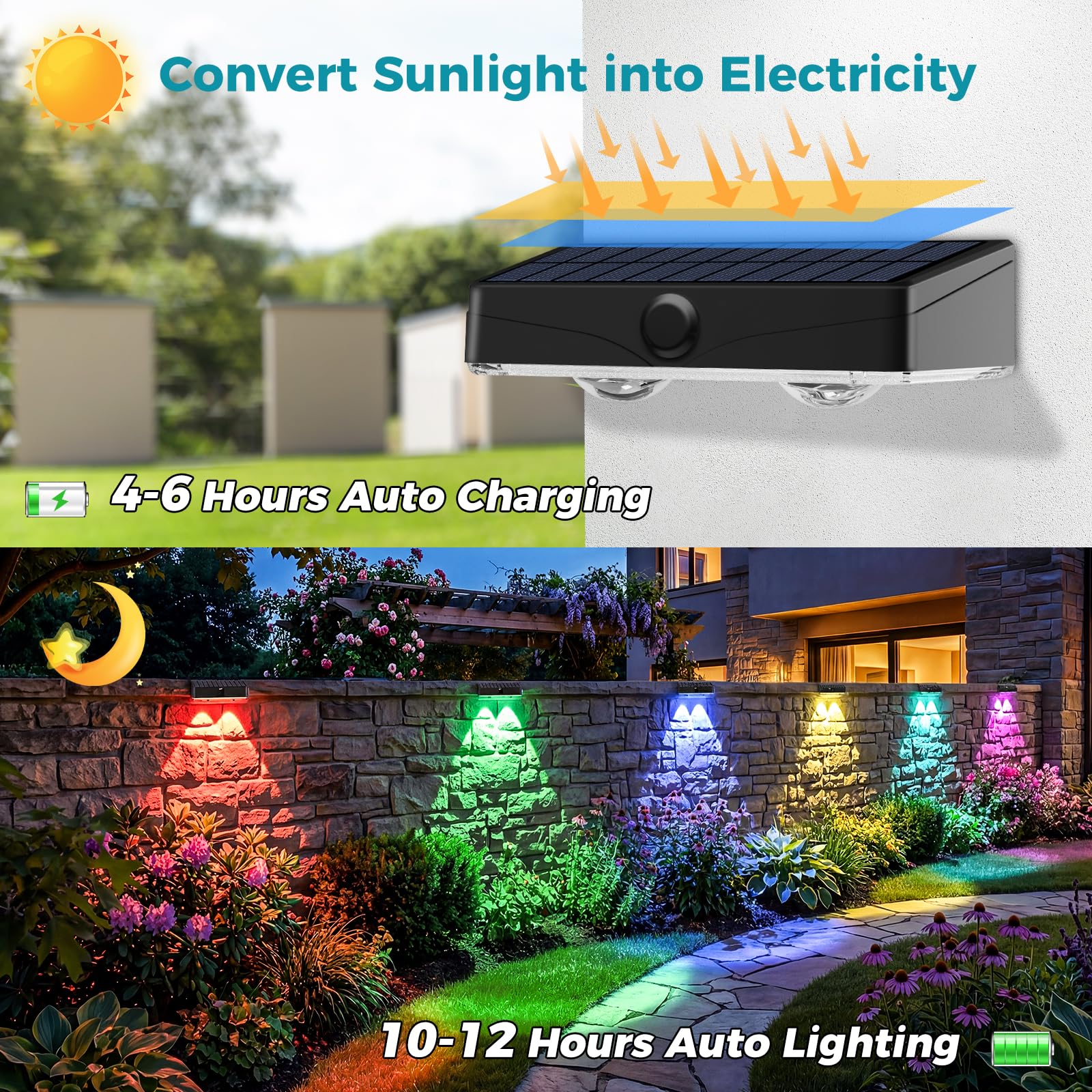 Confezione da 16 luci solari per recinzioni esterne, 11 modalità e 9 colori, alimentate a energia solare, IP65, impermeabili, 60 lm, luci solari a LED per patio, cortile, esterno, ringhiera, parete