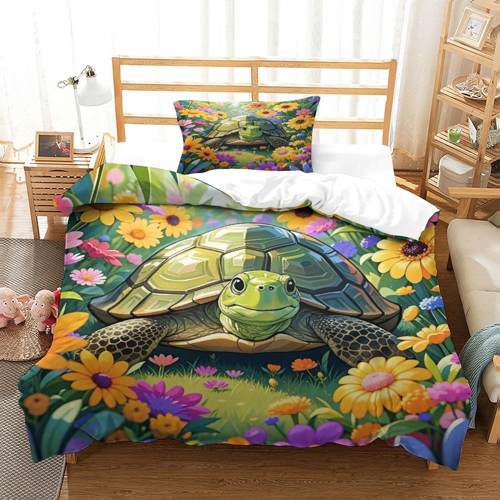 EMYXPAQM Duvet Cover Set Tortoise Colorful Flower Field 3D Printed Bedding Set - Soft Microfiber, Hidden Zipper & Pillowcases for Kids/Adults Single（135x200cm）