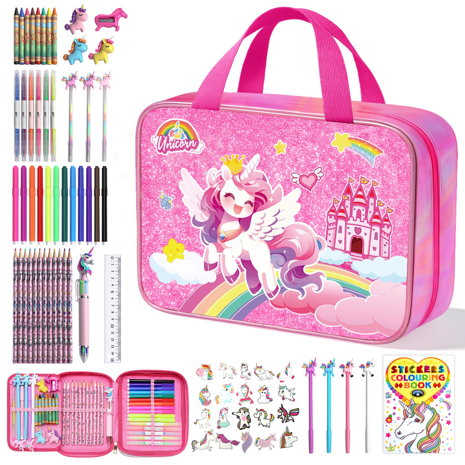 DreamyCandy Set di pennarelli lavabili con astuccio per il trasporto, forniture artistiche per bambini dai 4 ai 6 - 8 anni, set da colorare con adesivi, regalo di compleanno per ragazze di 4, 5, 6, 7