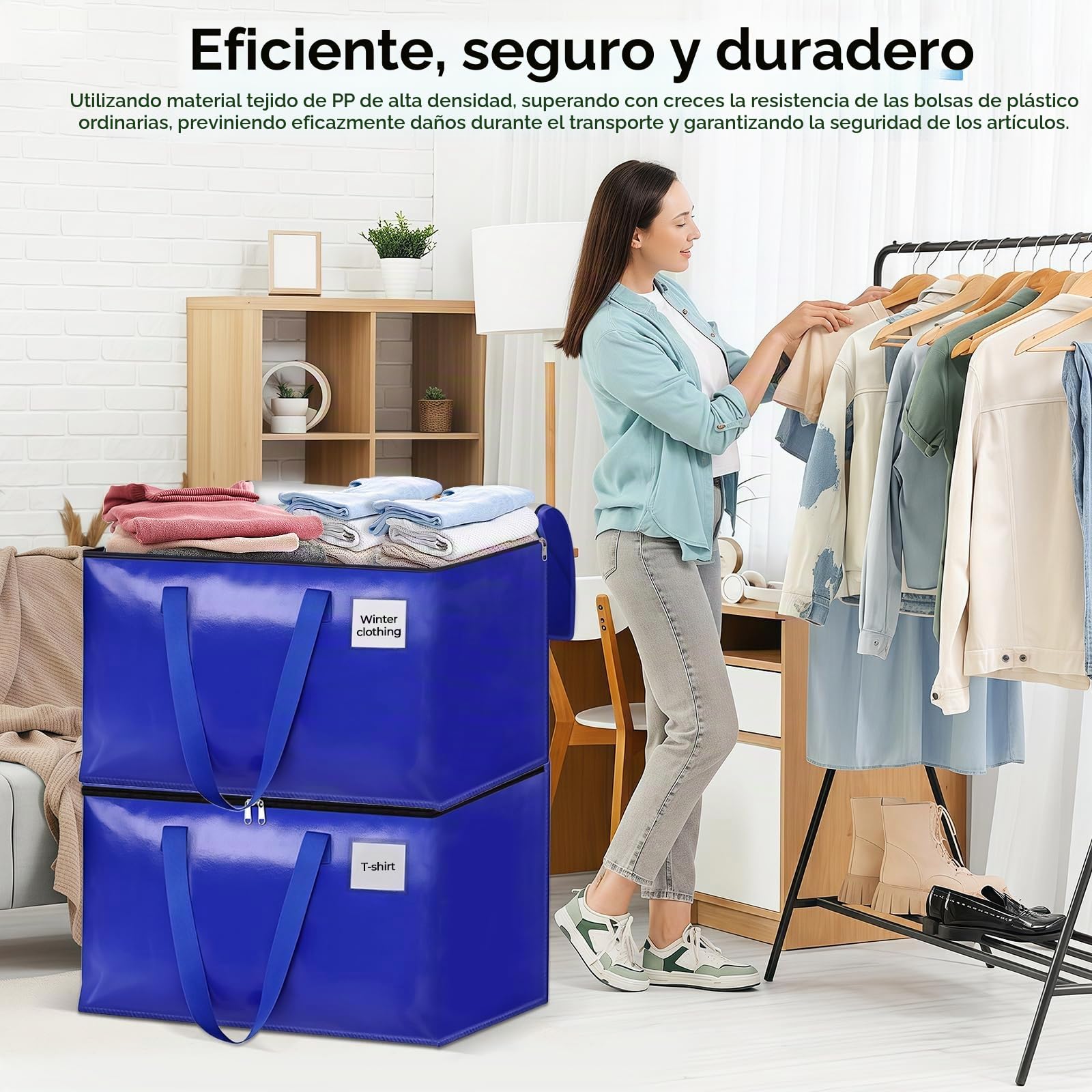 93L Bolsas Mudanza, 6 Piezas Bolsas de Mudanza con Cremallera y Asa, Impermeable Grande Bolsa de Almacenamiento, Organizador de Ropa, Bolsa Extra Grande para Mudanza y Viaje (Azul)