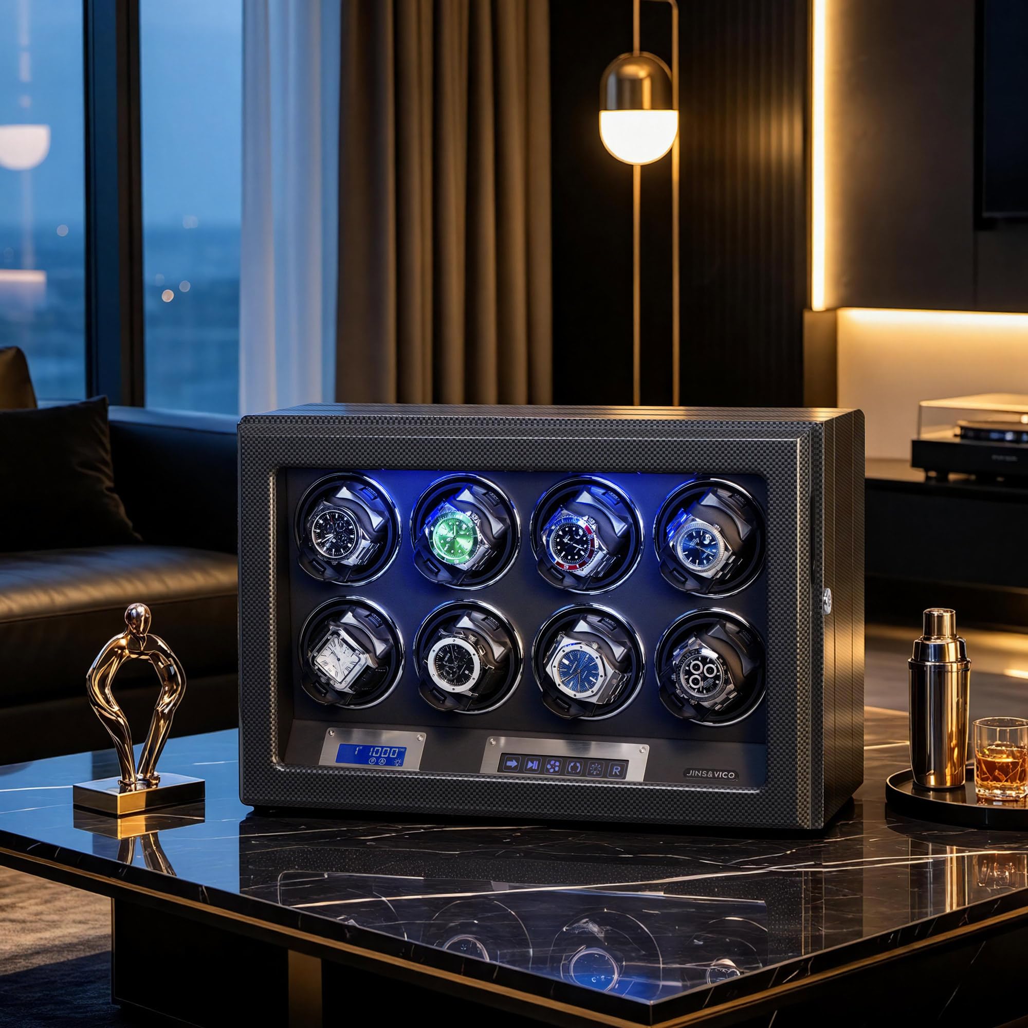 Uhrenbeweger für 8 Automatikuhren, abschließbare Wickler mit verstellbaren [Upgraded] Uhrenkissen, LCD-Touchscreen-Display und integrierter Beleuchtung