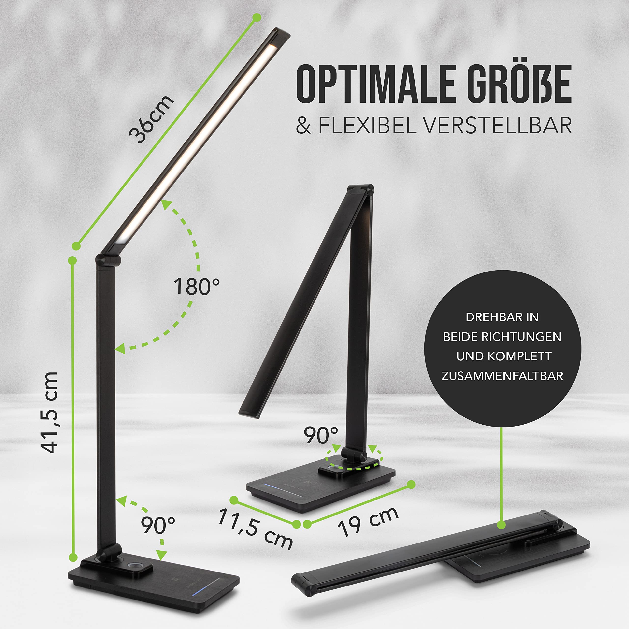 SMARTIVE | Design Schreibtischlampe mit kabelloser Ladefunktion - LED Bürolampe mit 10W wireless charging - augenschonendes Licht dimmbar und Laden ohne Kabel | desk lamp schwarz + USB Ausgang