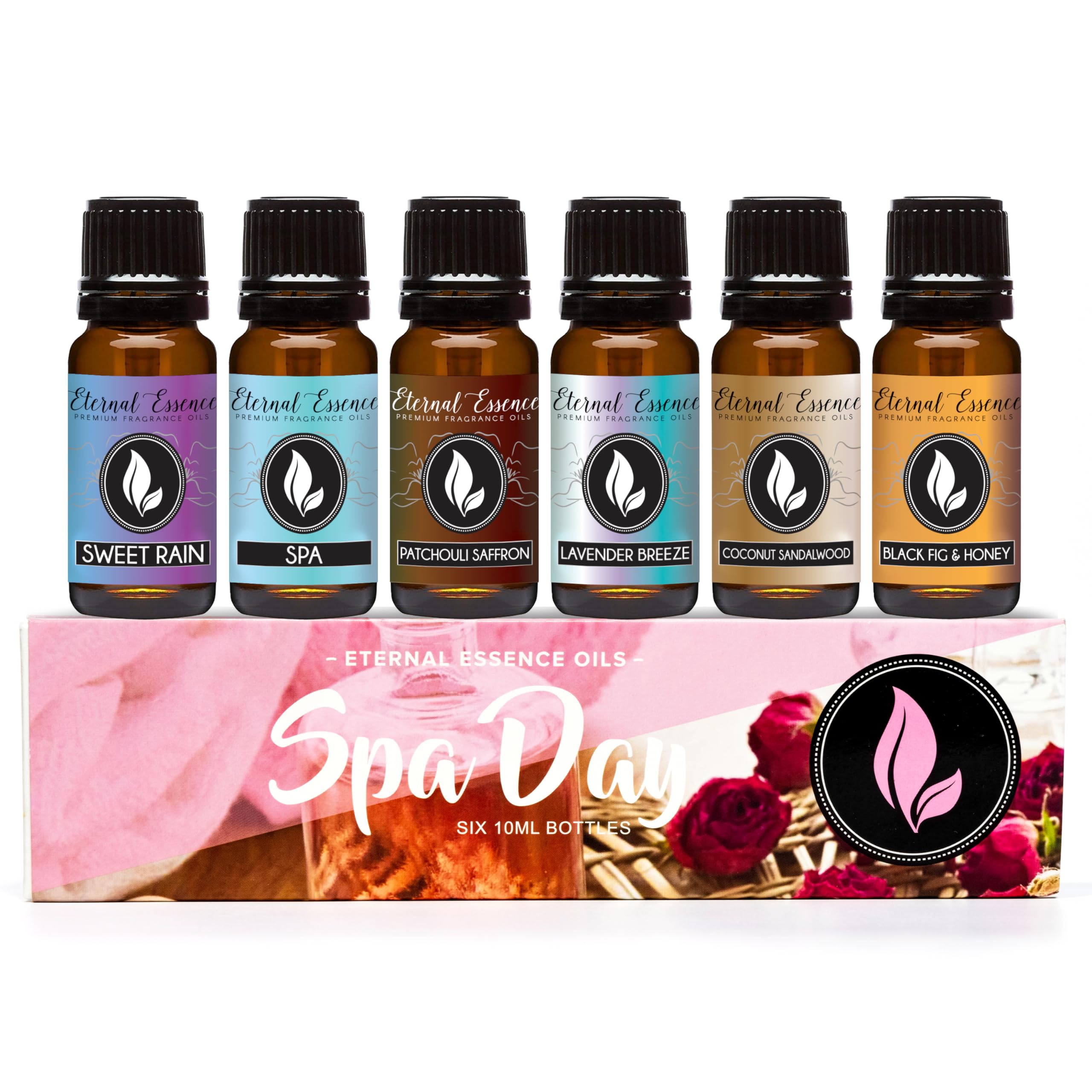 Eternal Essence Oils Spa Day Set of 6 Premium Fragrance Oils - Includes Lavender Breeze, Sweet Rain, Coconut Sandalwood, Black Fig & Honey, Patchouli Saffron, and Spa Scented Oils - 10ML