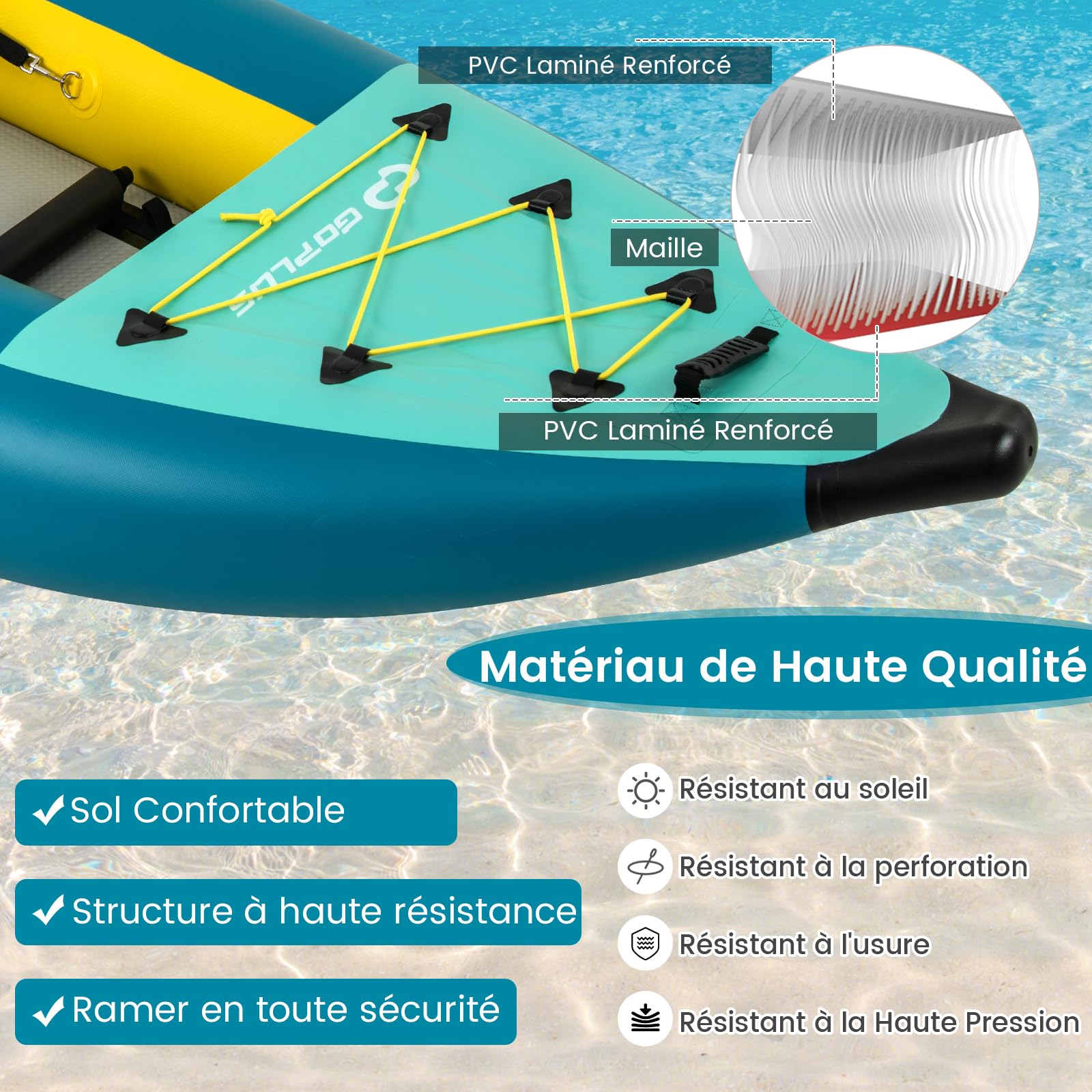 GOPLUS Kayak Gonflable 2 Personnes, Canoe Randonnée 382 cm avec Sièges et Repose-Pieds Réglables, 2 Pagaies, Fixations, 2 Dérives, Pompe à Main, Kit de Réparation, Sac Transport, Charge 230 kg