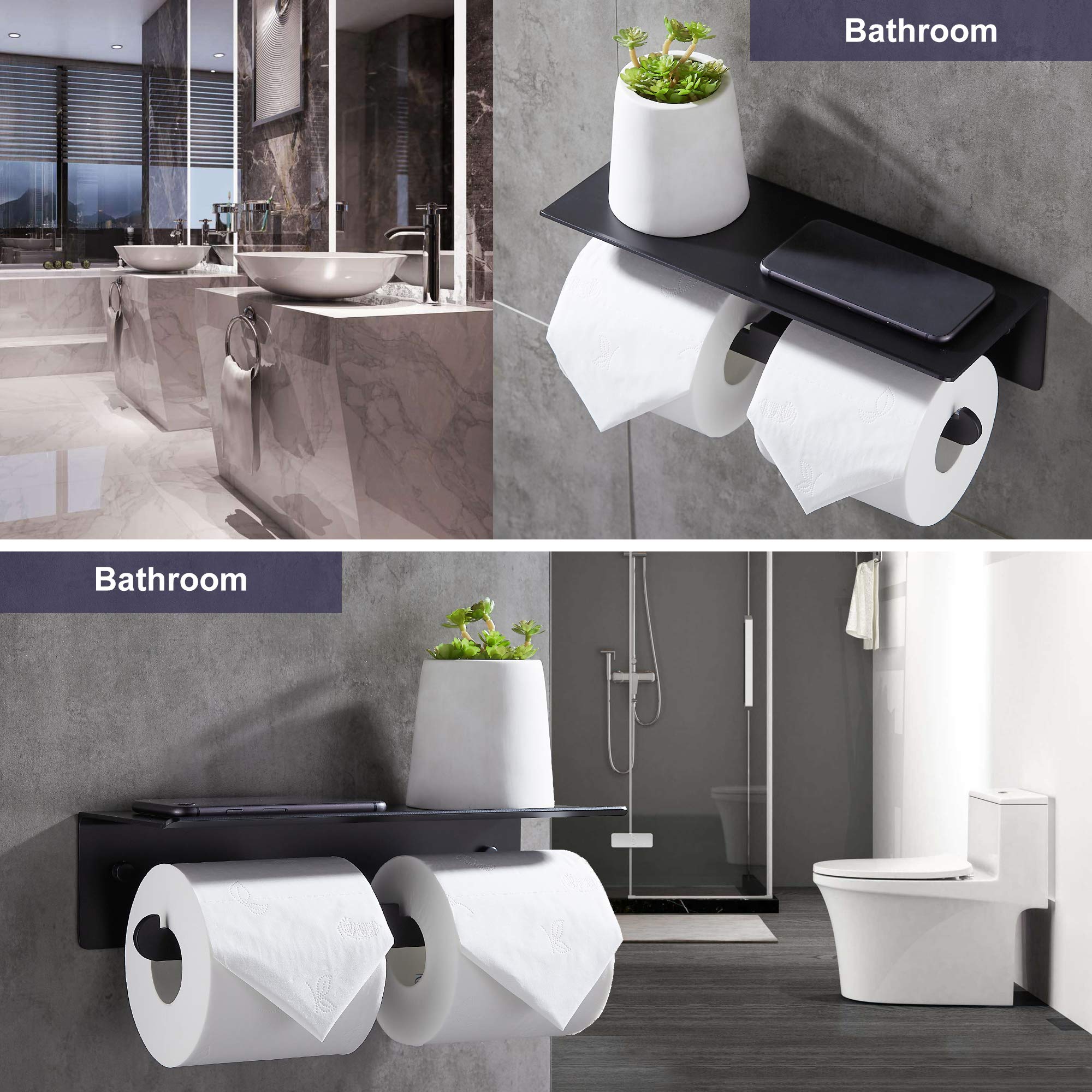 Hovea - Wandgemonteerde toiletpapierhouder 2-in-1 - met of zonder boren - met opslag en telefoonhouder - van metaal - PQ rolhouder decoratie - zwart en bamboe - PPT121