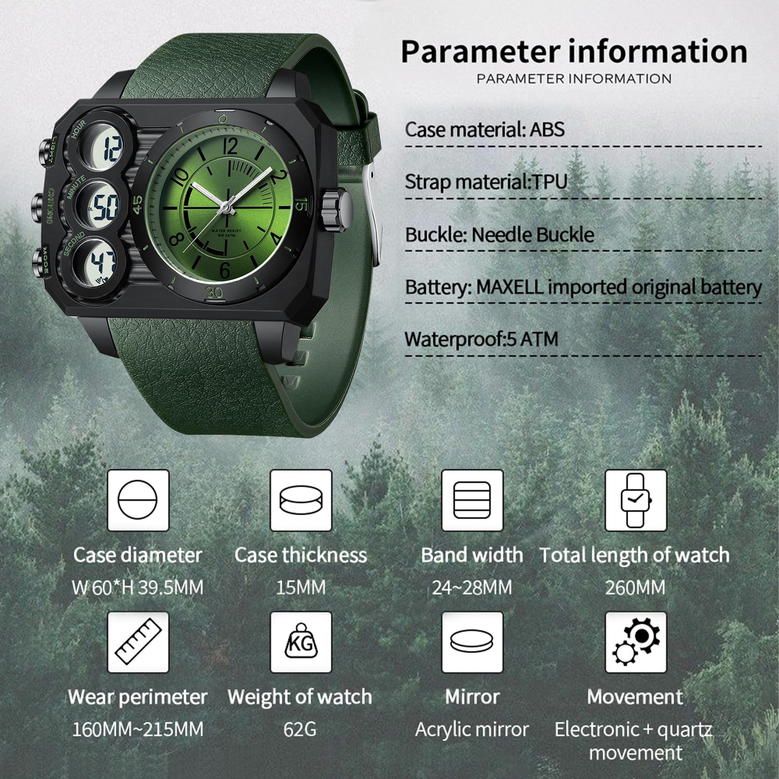findtime Relojes rectangulares para hombre, digital, analógico, grande, militar, resistente al agua, 5 ATM, reloj deportivo para hombre, reloj táctico, cronómetro, 12/24 horas, tres zonas horarias