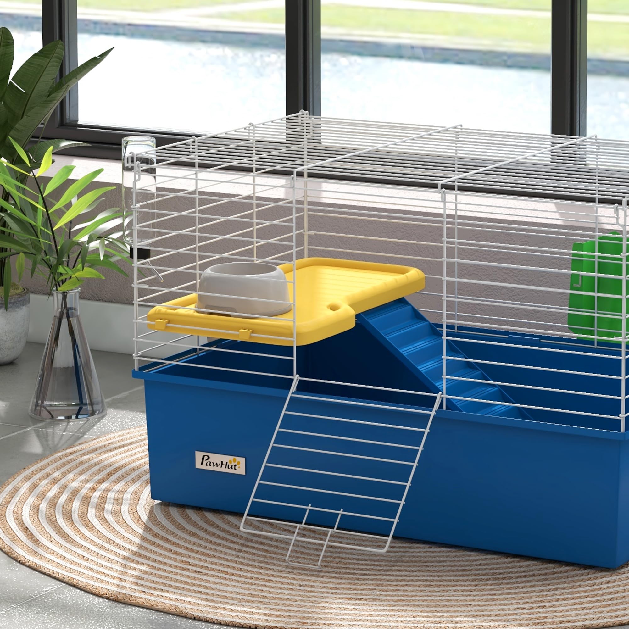 PawHut Jaula para Hurones con Bandeja Inferior Jaula para Animales Pequeños con Plataforma con Rampa Comedero y Bebedero Recinto para Conejos Pequeños Chinchillas Cobayas 71x46x47 cm Blanco y Azul
