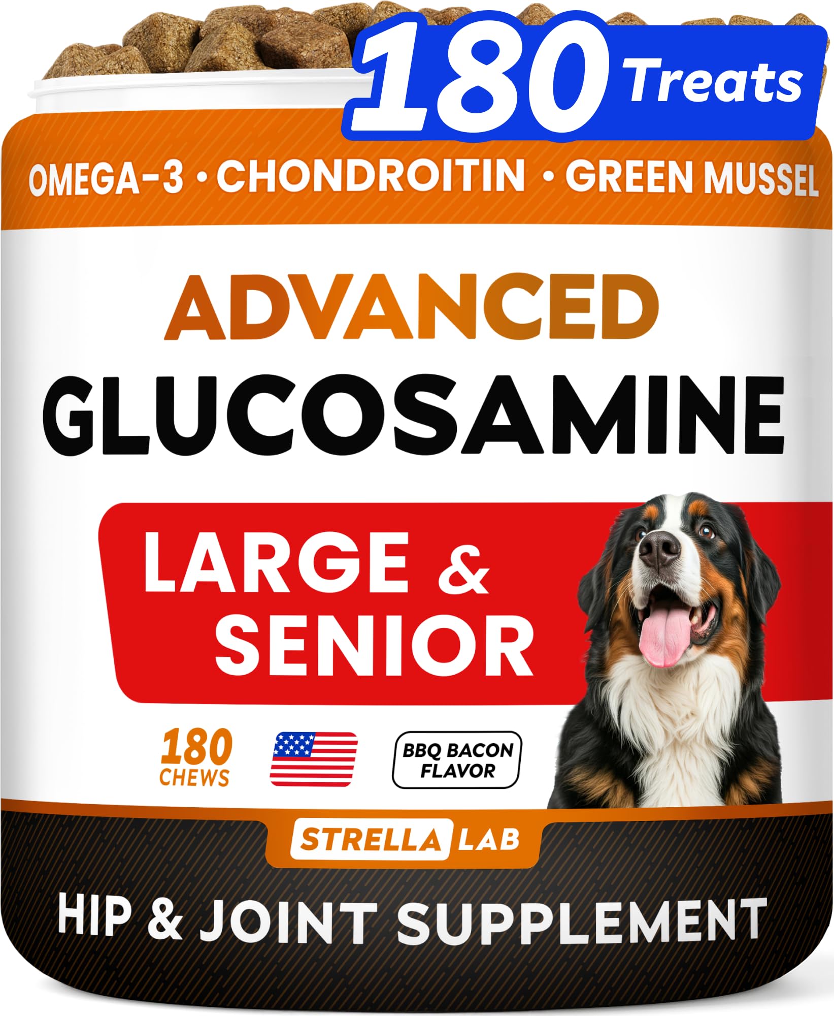 Advanced Glucosamine Chondroitin Joint Supplement for Dogs - Hip & Joint Pain Relief Pills - Green Lipped Mussel & Collagen - Large & Small Breed - Senior Dogs Joint Health - Bacon Flavor - 180ct